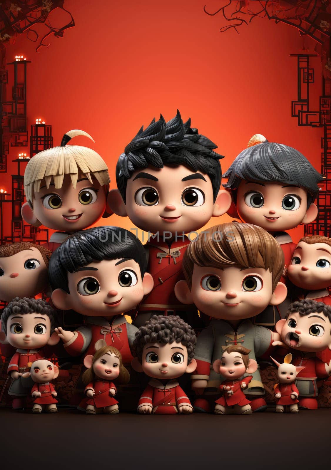 cute of character kids group friends on red chines culture suit of Chinese new year celebration concept with happy and funny by PeaceYAY