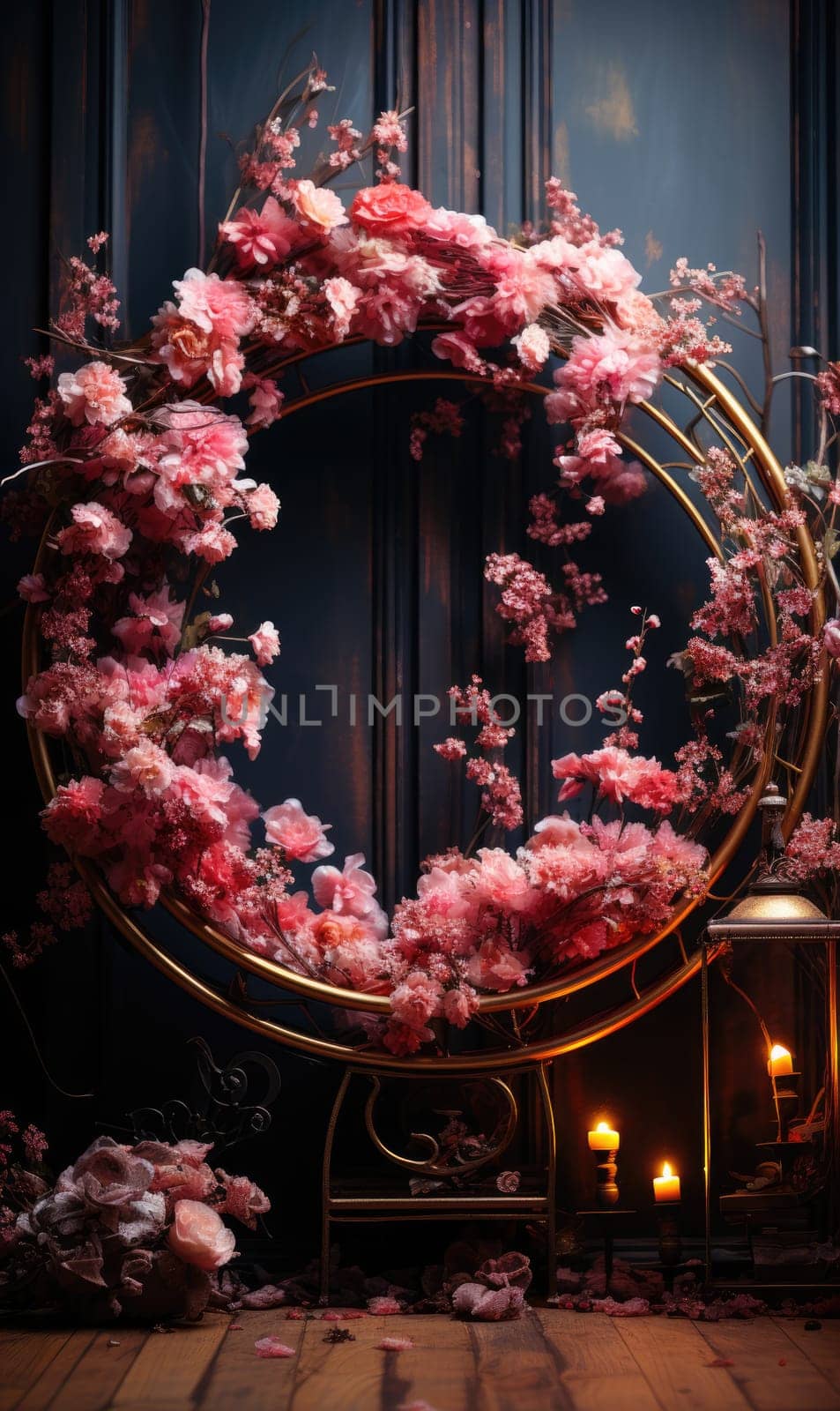 floral hoop digital backdrops. shoot set up with prop Flower and wood backdrop. Flower on hanging round.