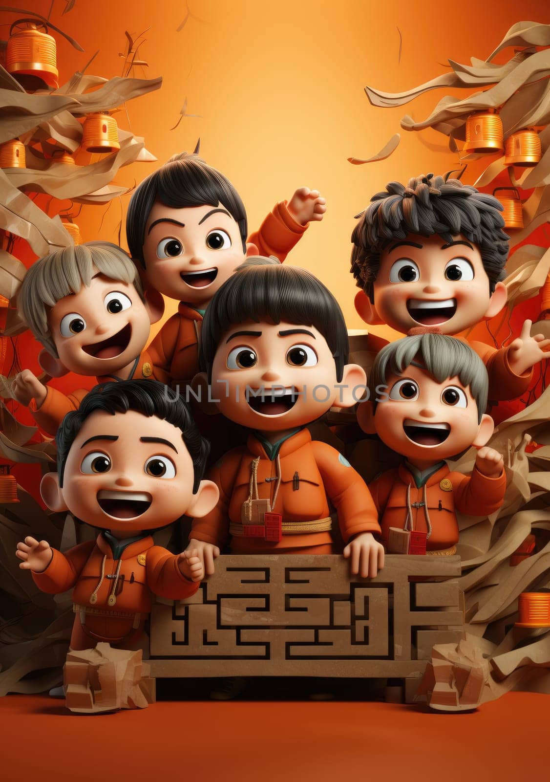 cute of character kids group friends on red chines culture suit of Chinese new year celebration concept with happy and funny by PeaceYAY