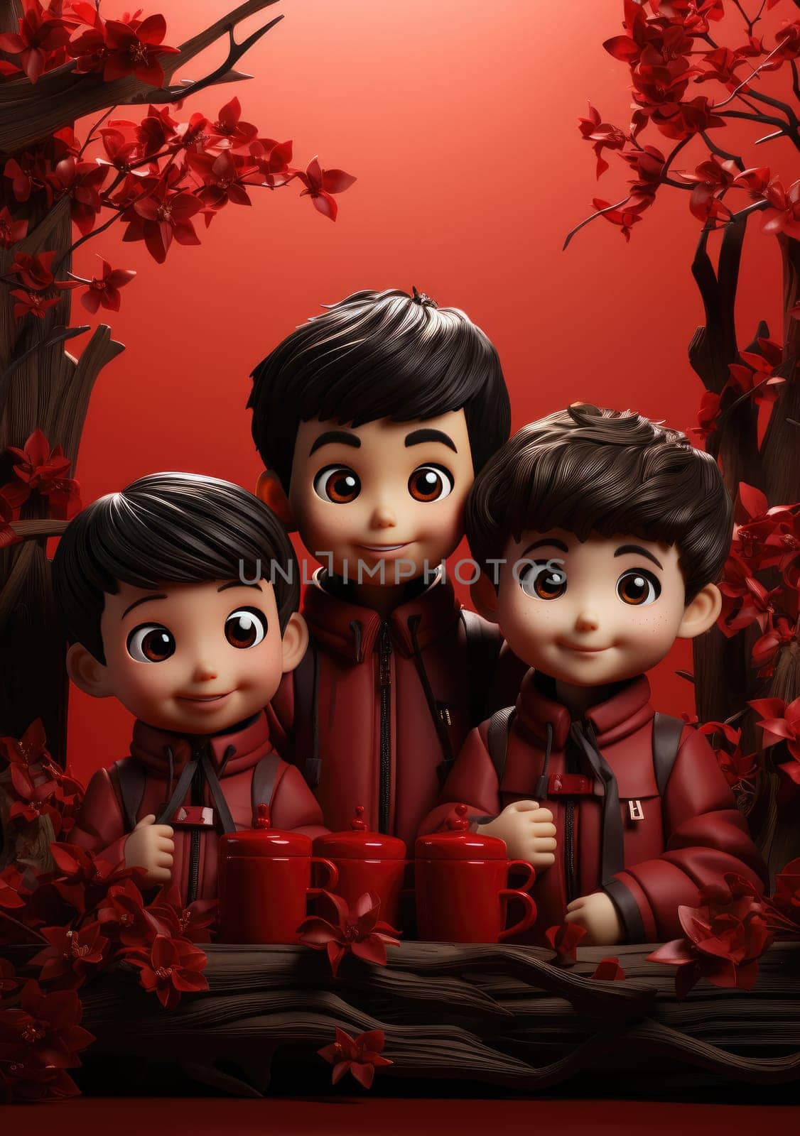 cute of character kids group friends on red chines culture suit of Chinese new year celebration concept with happy and funny by PeaceYAY