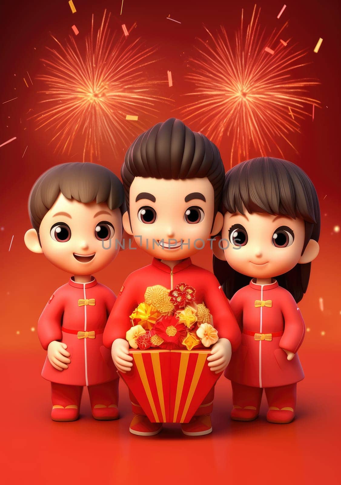 cute of character kids group friends on red chines culture suit of Chinese new year celebration concept with happy and funny.