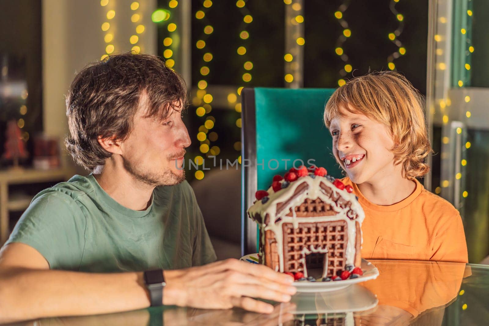 Savor unique moments as dad and son bite into an unconventional gingerbread house, adding a twist to Christmas traditions. A tasty blend of creativity and family joy.