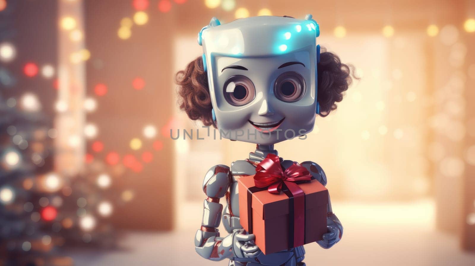 Shot of robot holding a small gift box. Holidays and celebration concept. by JuliaDorian