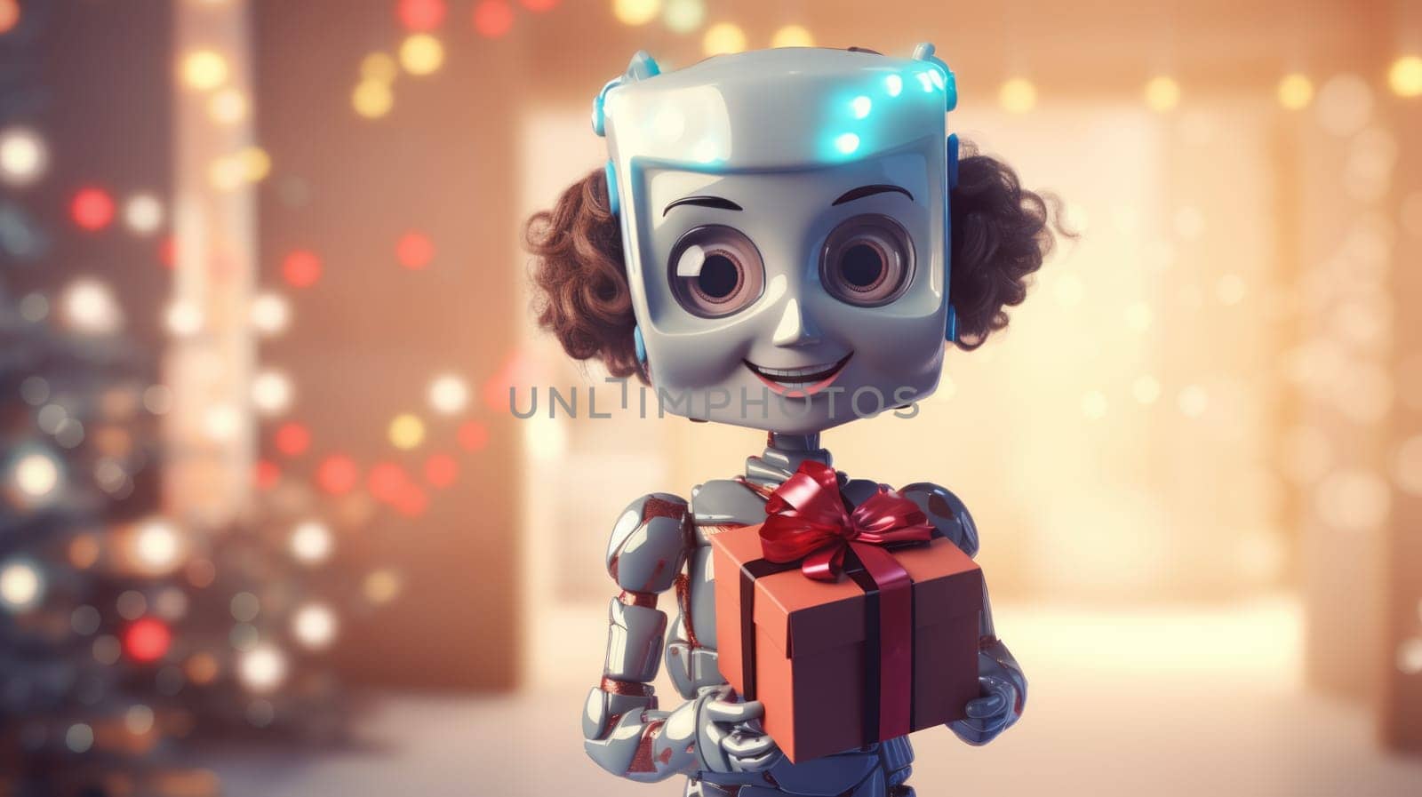 Shot of robot holding a small gift box. Holidays and celebration concept