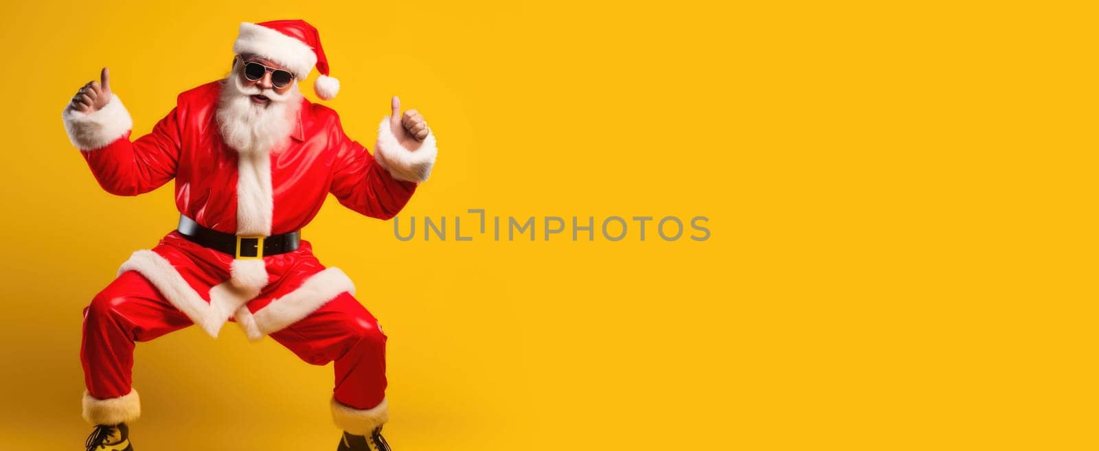 Portrait of funny crazy hipster Santa Claus in red hat fun Christmas x-mas party celebrate New year time dance on yellow background