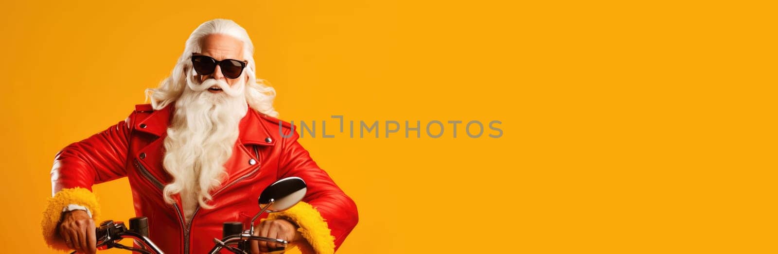 Portrait of funny crazy hipster Santa Claus in red hat fun Christmas x-mas party celebrate New year time dance on yellow background