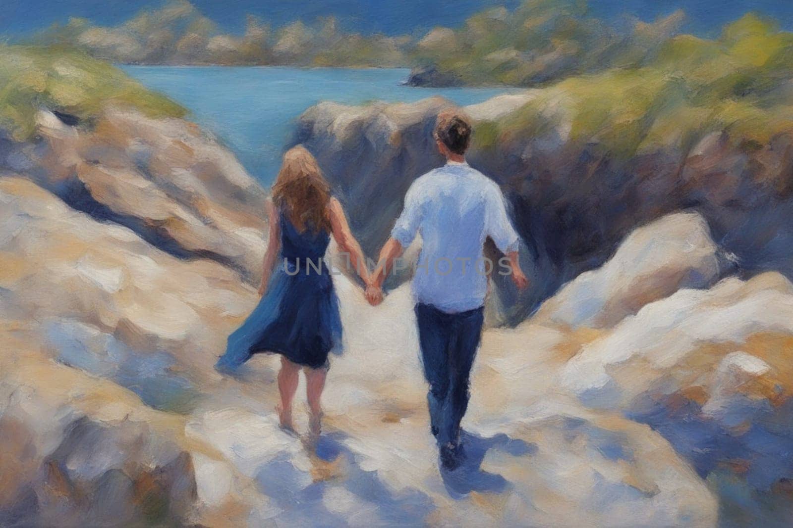 gay loving couple walking by hand in the beach, romantic open mixed race and gender relationship illustration concept generative ai art