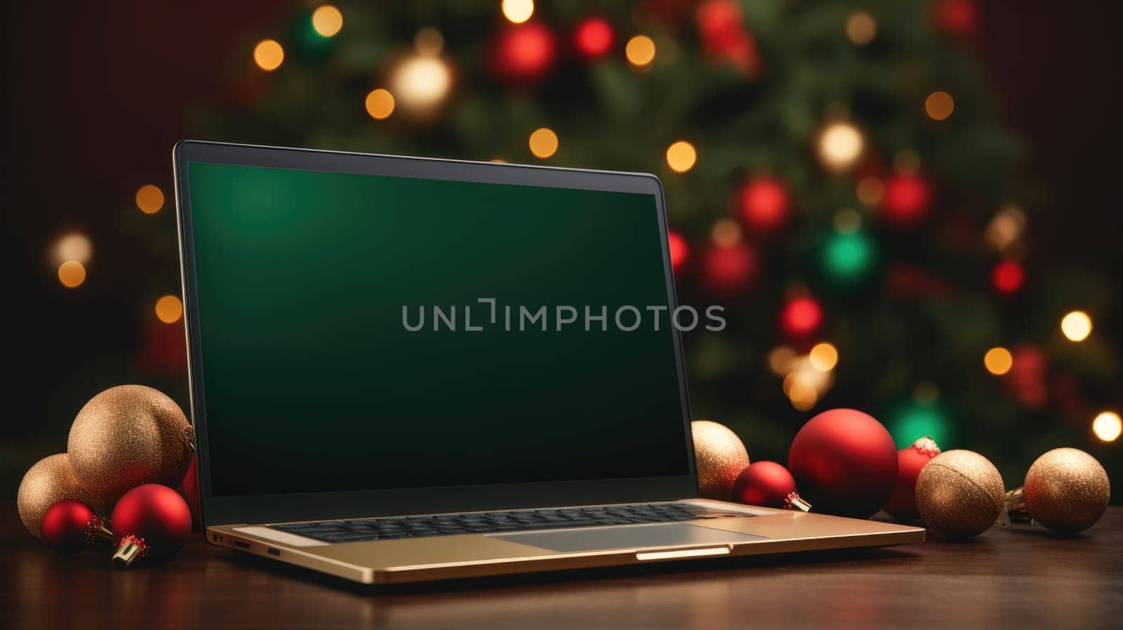 Online shopping laptop on table blurred Christmas home background. Christmas Online shopping. Black Friday sale. by JuliaDorian