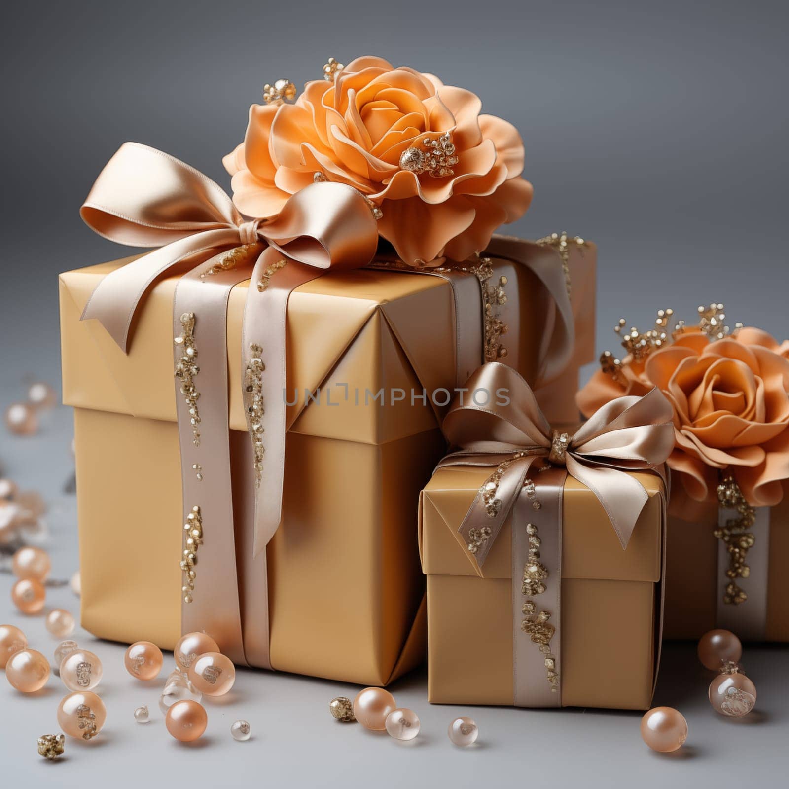 A wrapped gift boxes with a bow on a wooden table. Lots of gift boxes. Flat lay style with copy space. Generative AI. by AnatoliiFoto