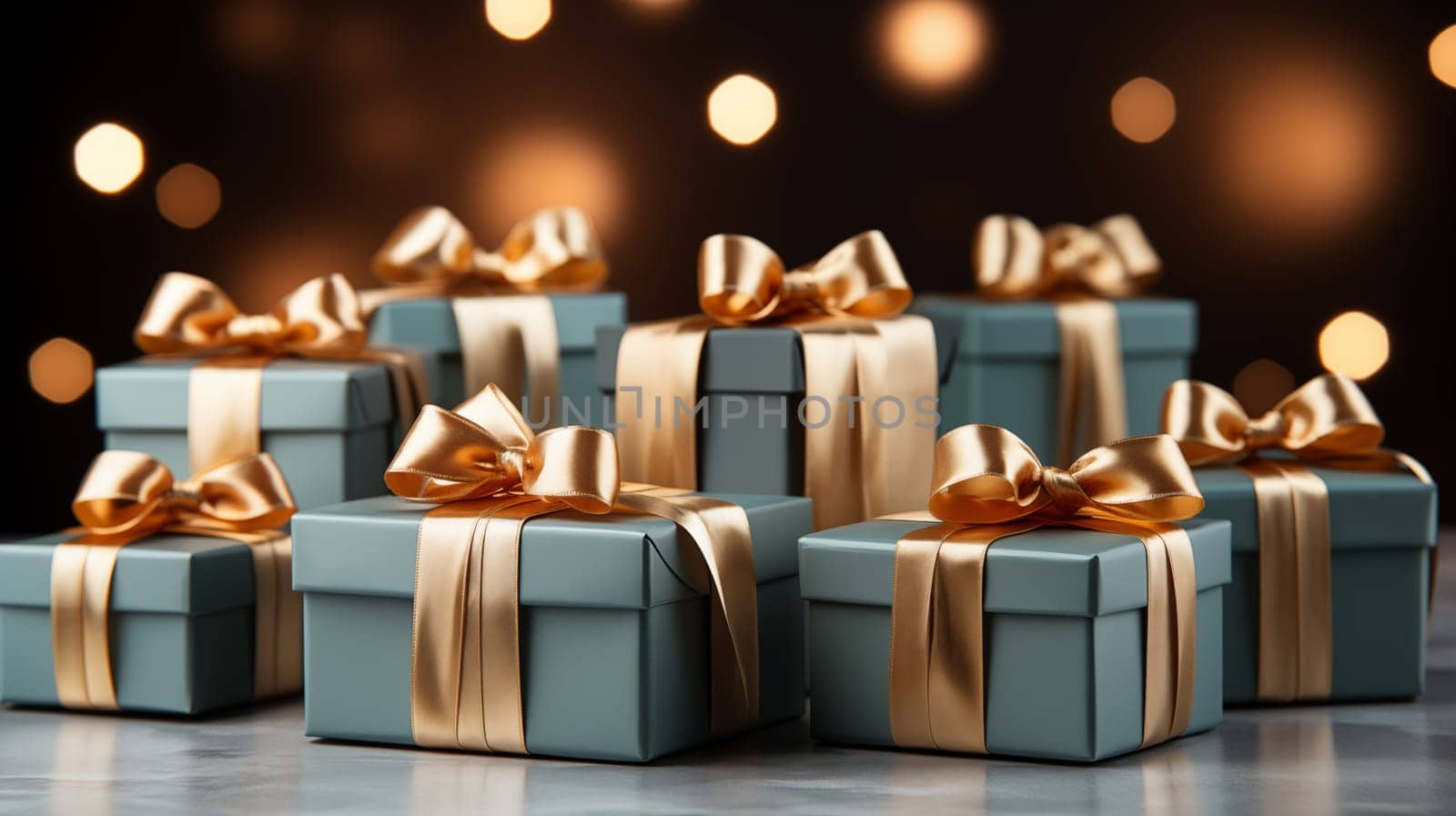 A wrapped gift boxes with a bow on a wooden table. Lots of gift boxes. Flat lay style with copy space. Generative AI. by AnatoliiFoto