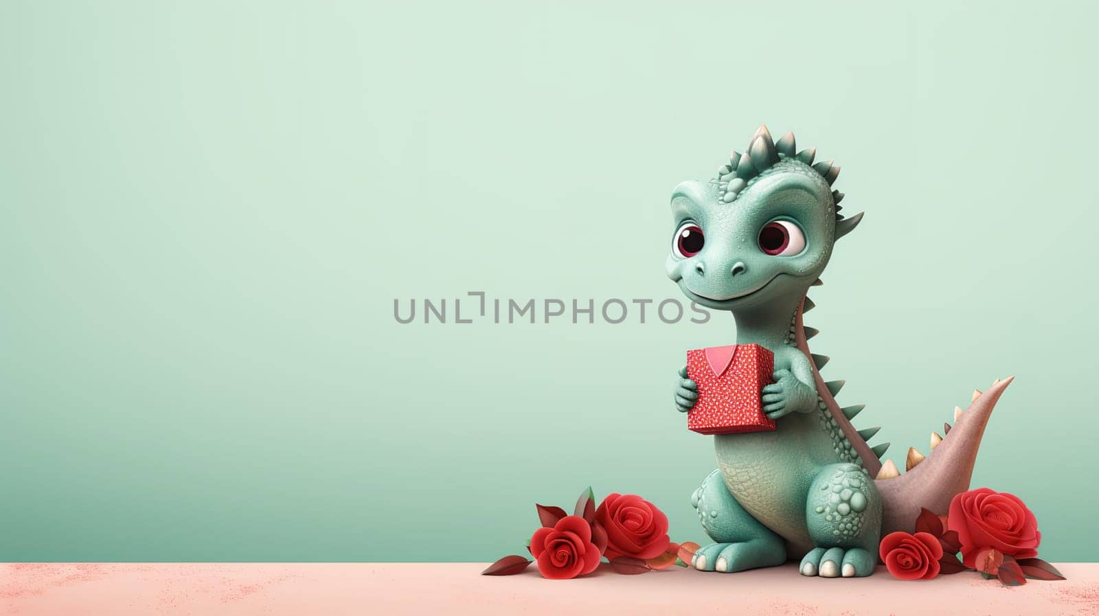 Valentine's Day blank space with cute dragon gift boxes, roses, red heart, background generative ai. by Manastrong