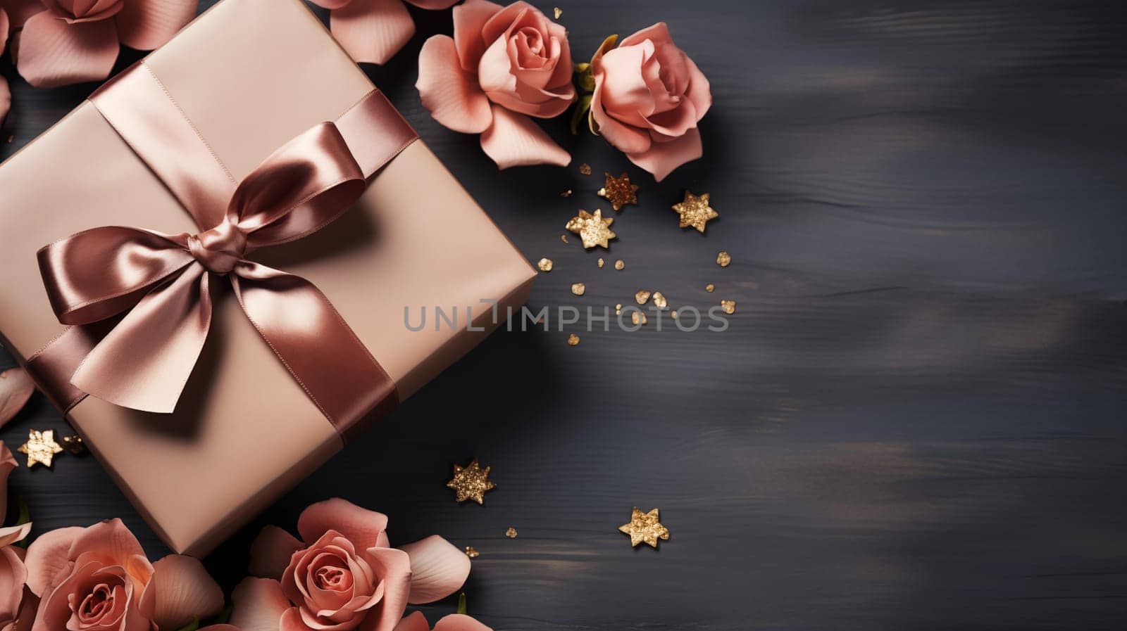 A wrapped gift box with a bow on a wooden table. Gift or present box. Flat lay style with copy space. Generative AI. by AnatoliiFoto