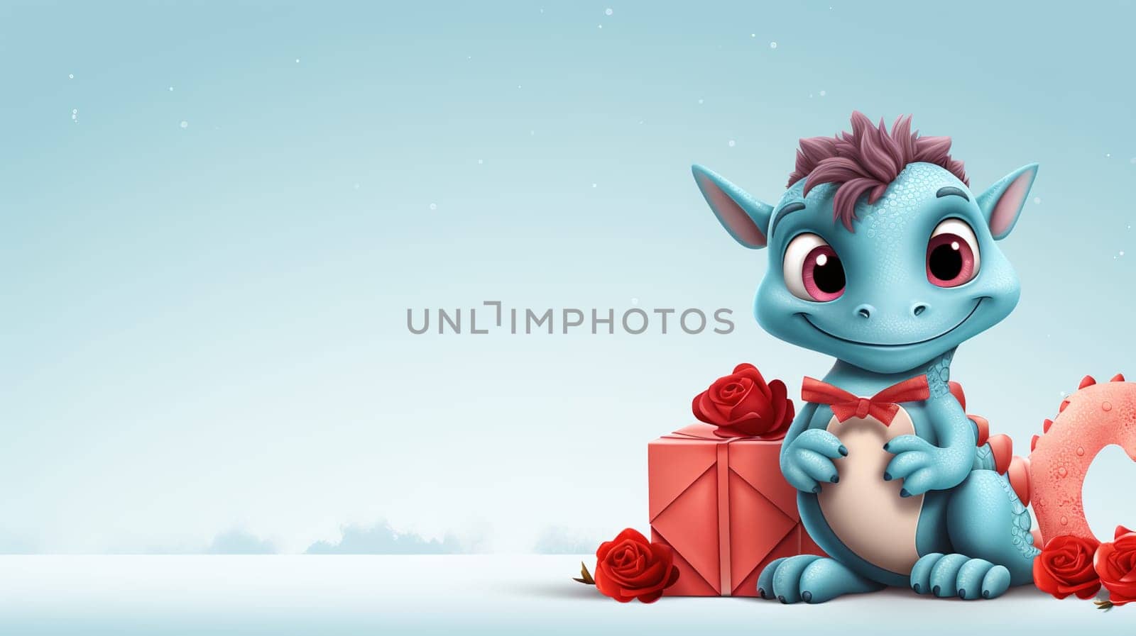 Valentine's Day blank space with cute dragon gift boxes, roses, red heart, background generative ai. by Manastrong