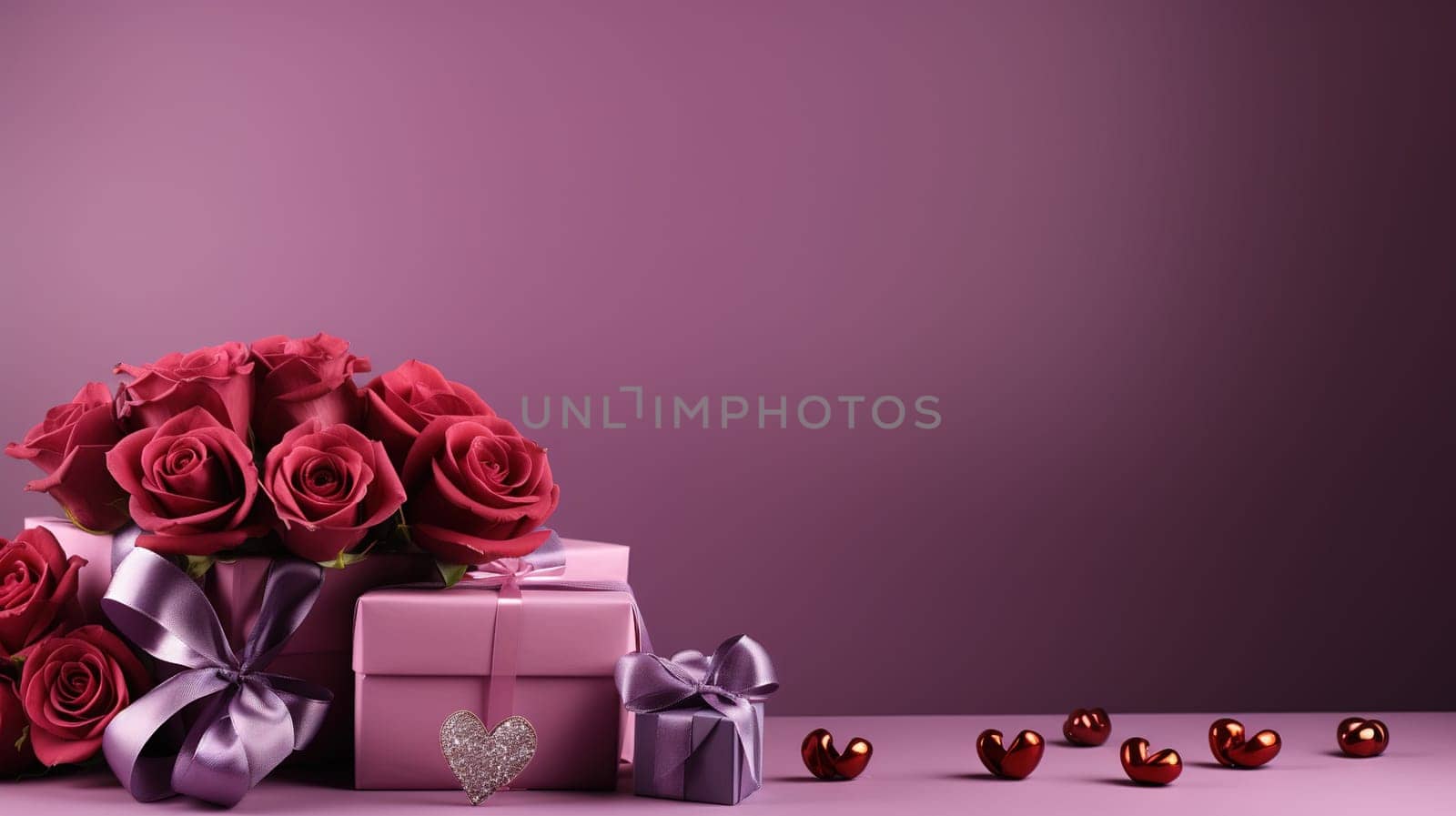 Valentine's Day blank space with gift boxes, roses, red heart, background generative ai. by Manastrong