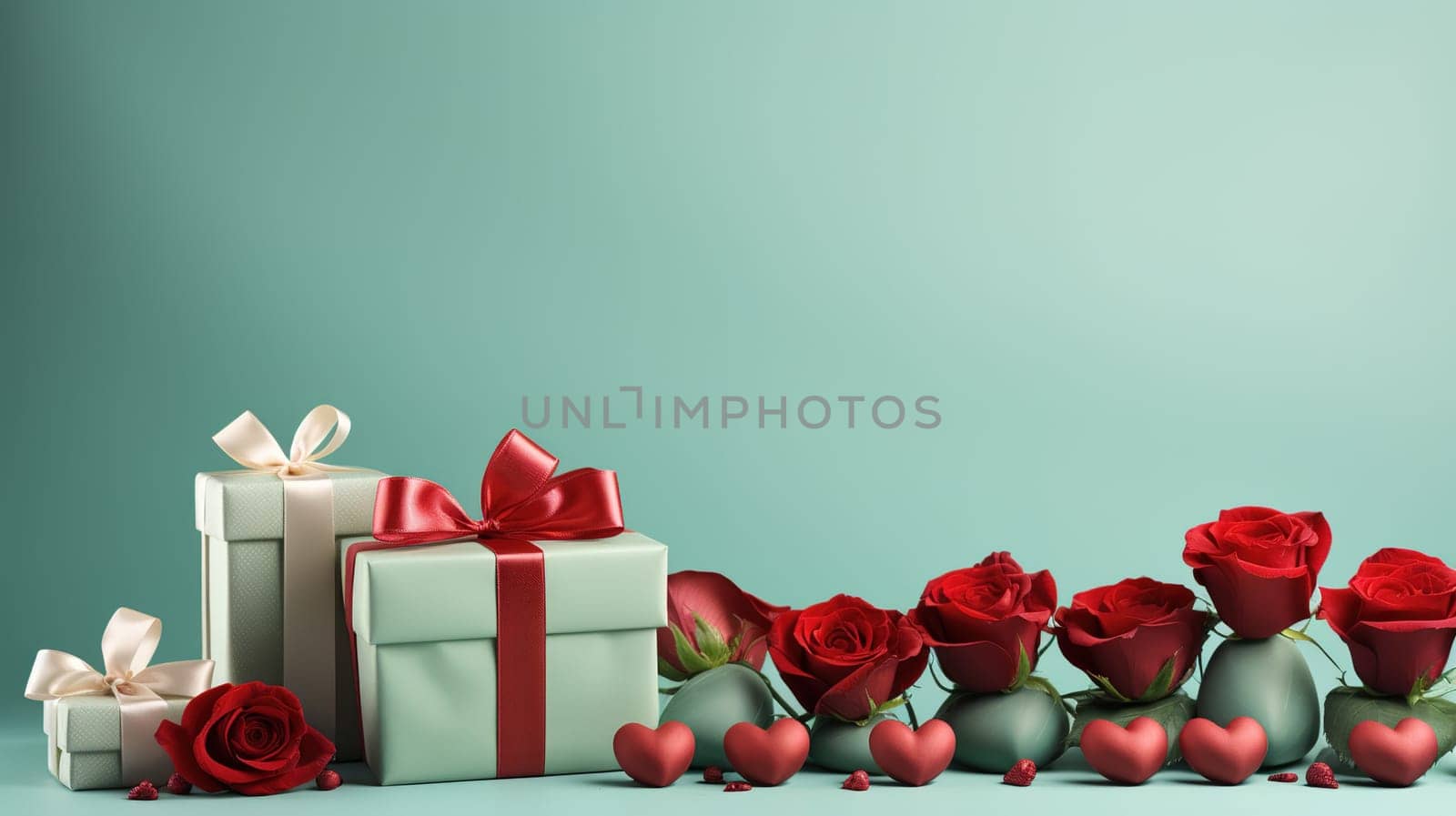 Valentine's Day blank space with gift boxes, roses, red heart, background generative ai. by Manastrong