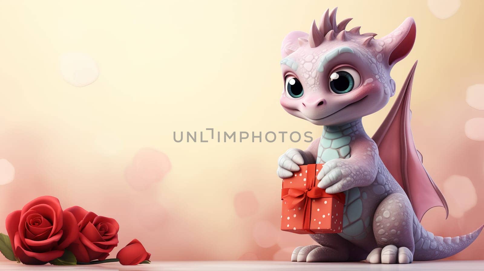 Valentine's Day blank space with cute dragon gift boxes, roses, red heart, background generative ai. by Manastrong