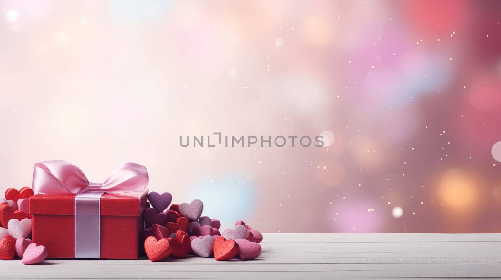 Valentine's Day blank space with gift boxes, roses, red heart, background generative ai