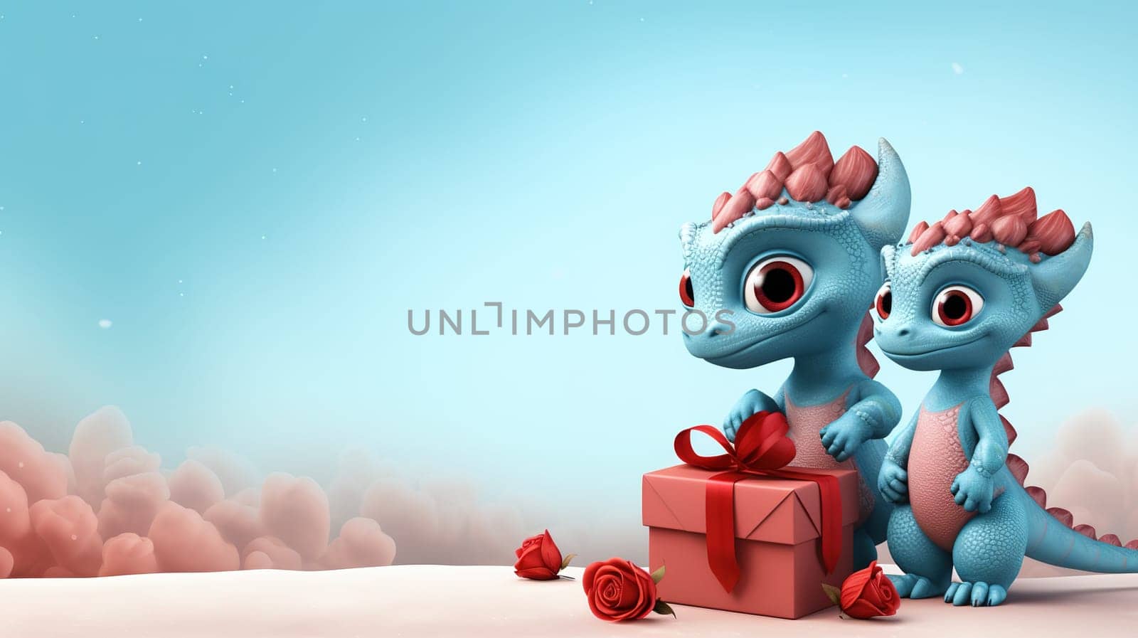 Valentine's Day blank space with cute dragon gift boxes, roses, red heart, background generative ai. by Manastrong