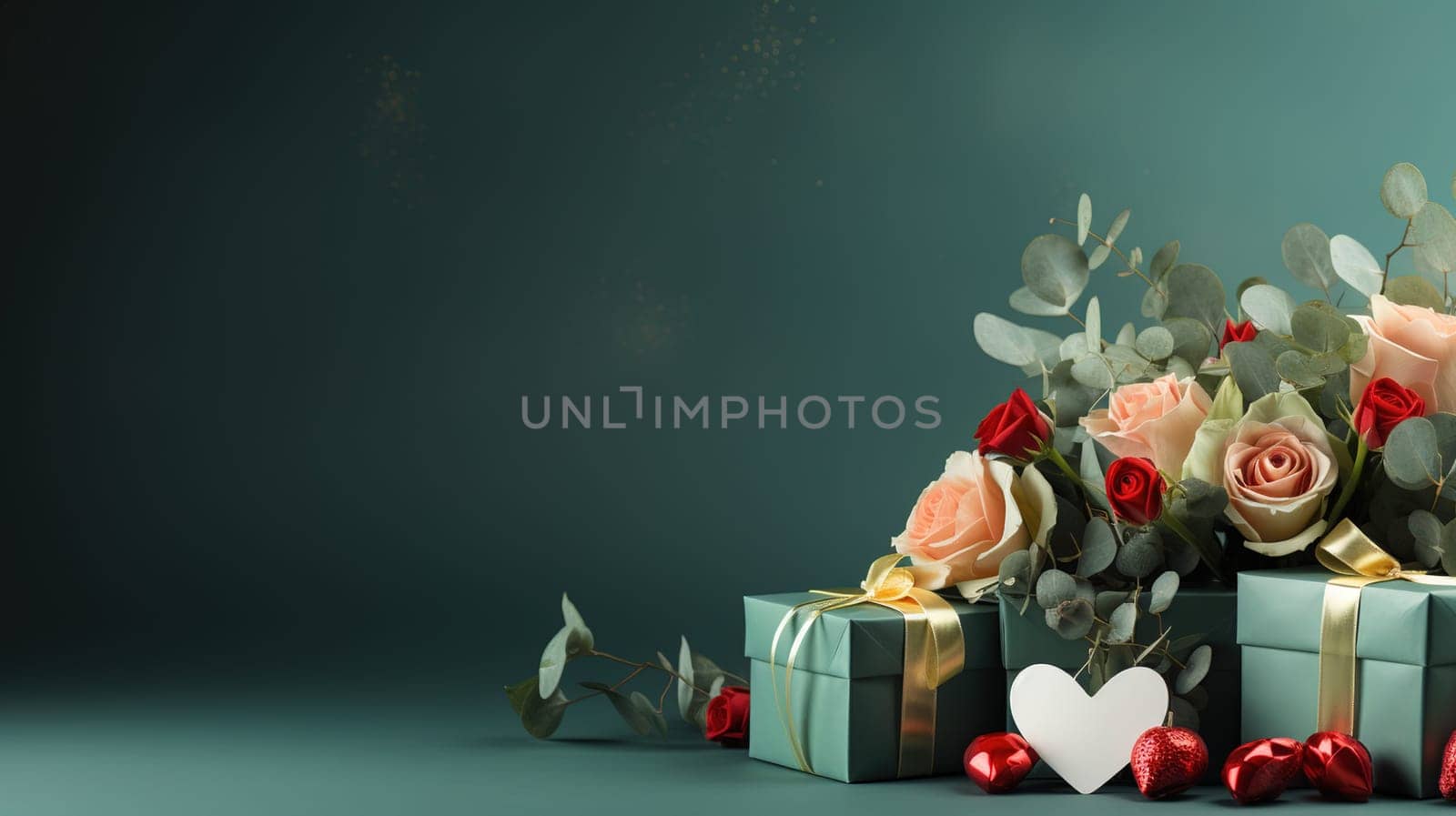 Valentine's Day blank space with gift boxes, roses, red heart, background generative ai