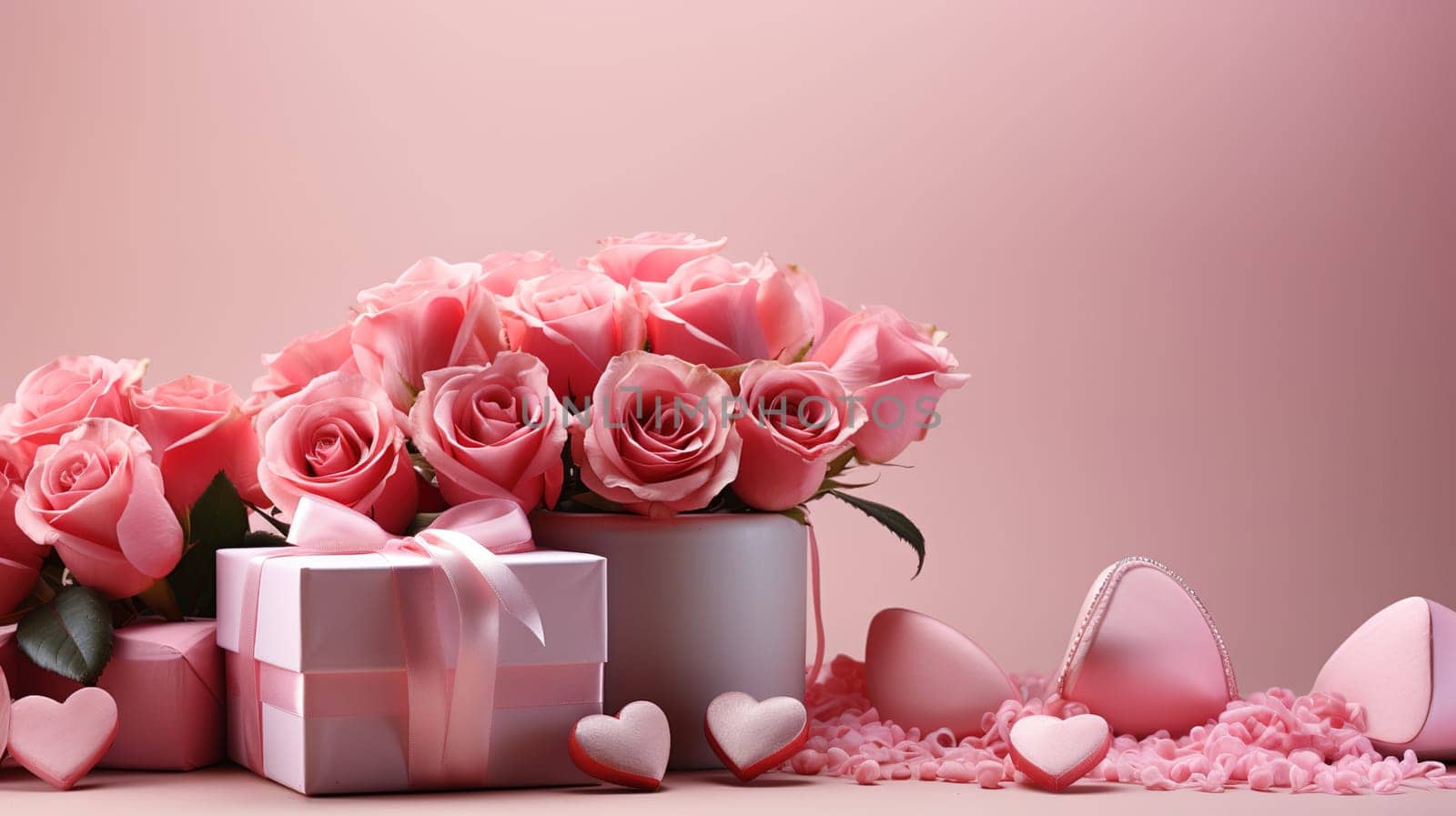 Valentine's Day blank space with gift boxes, roses, red heart, background generative ai