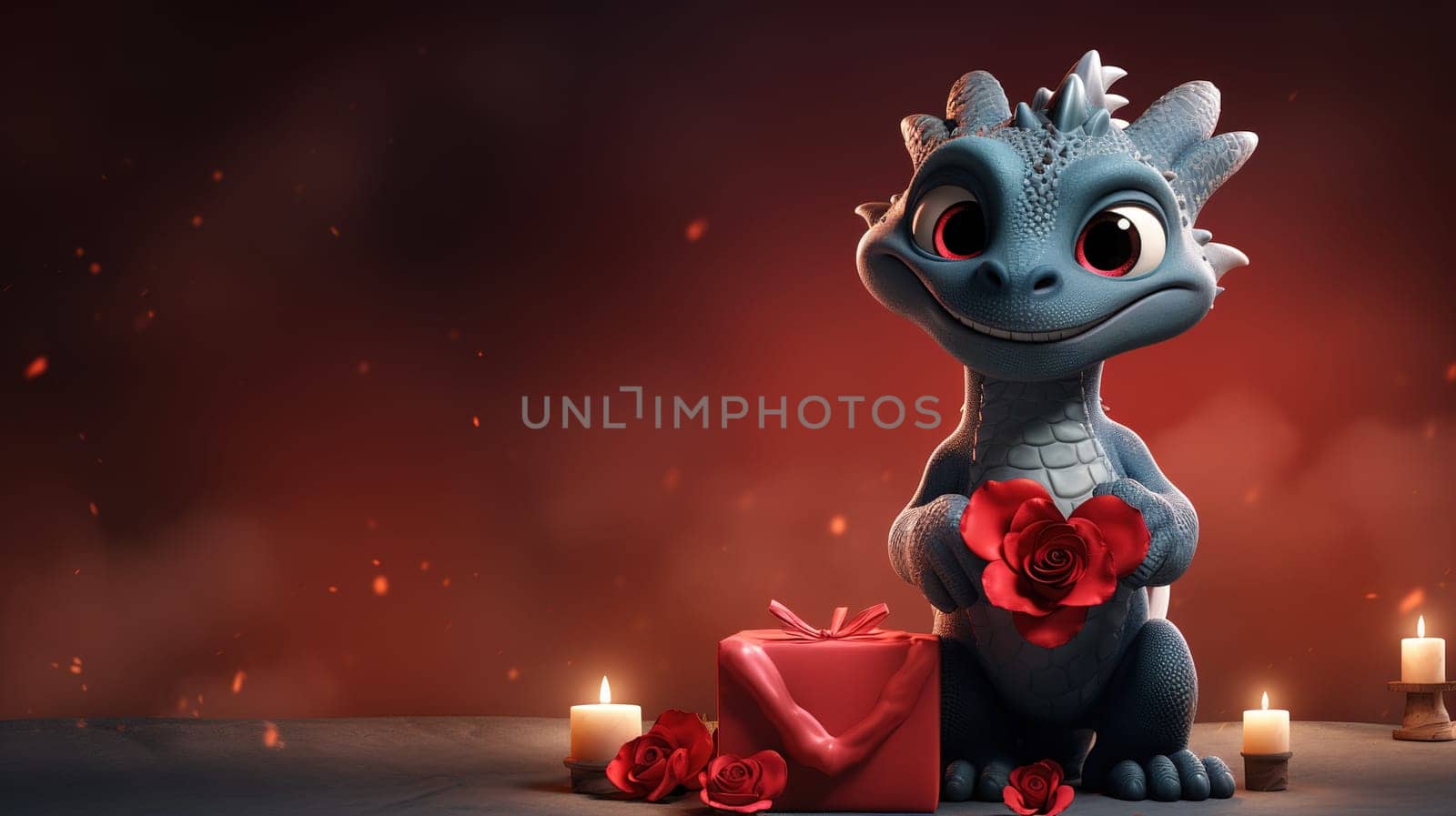 Valentine's Day blank space with cute dragon gift boxes, roses, red heart, background generative ai. by Manastrong