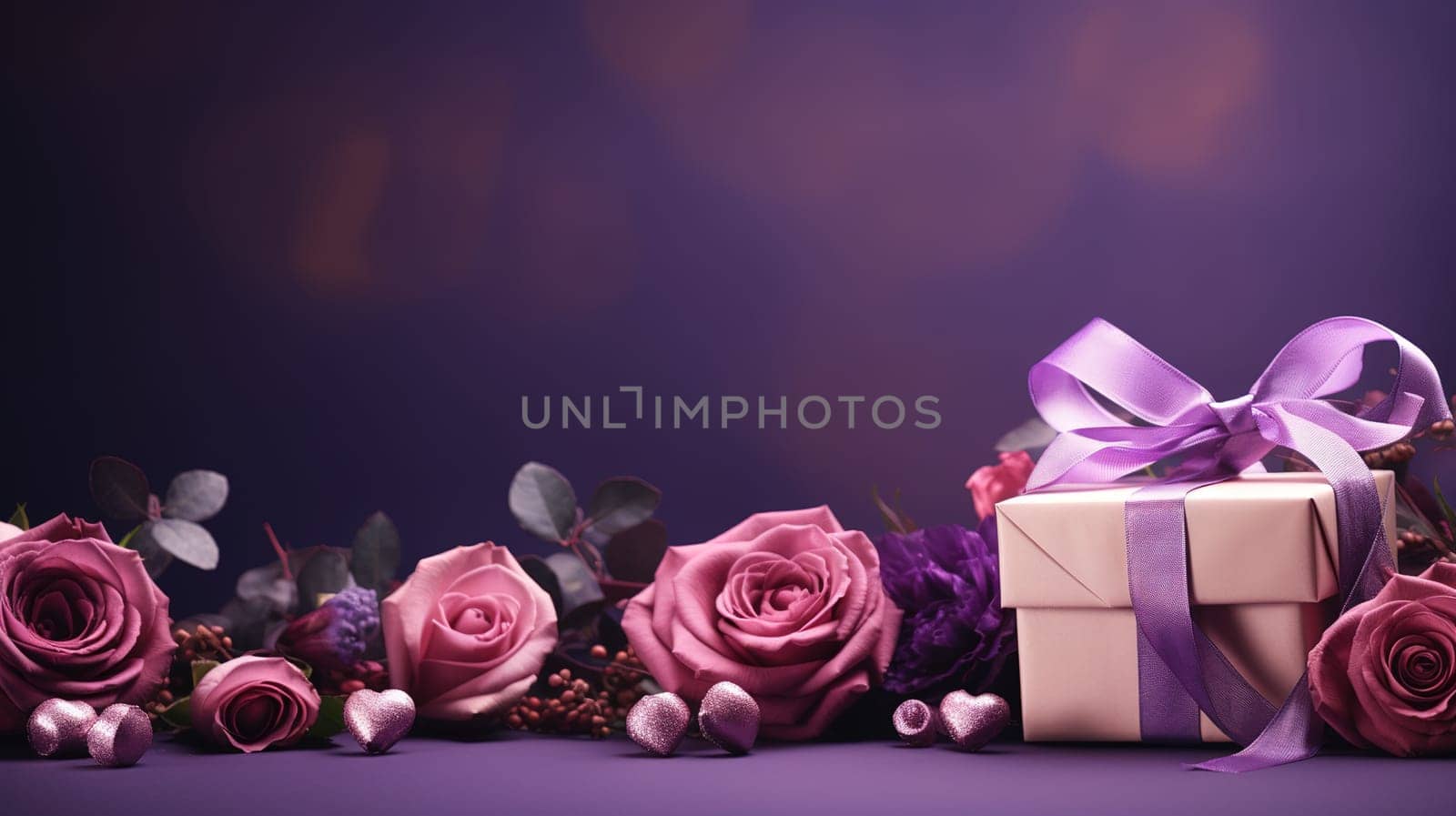 Valentine's Day blank space with gift boxes, roses, red heart, background generative ai. by Manastrong