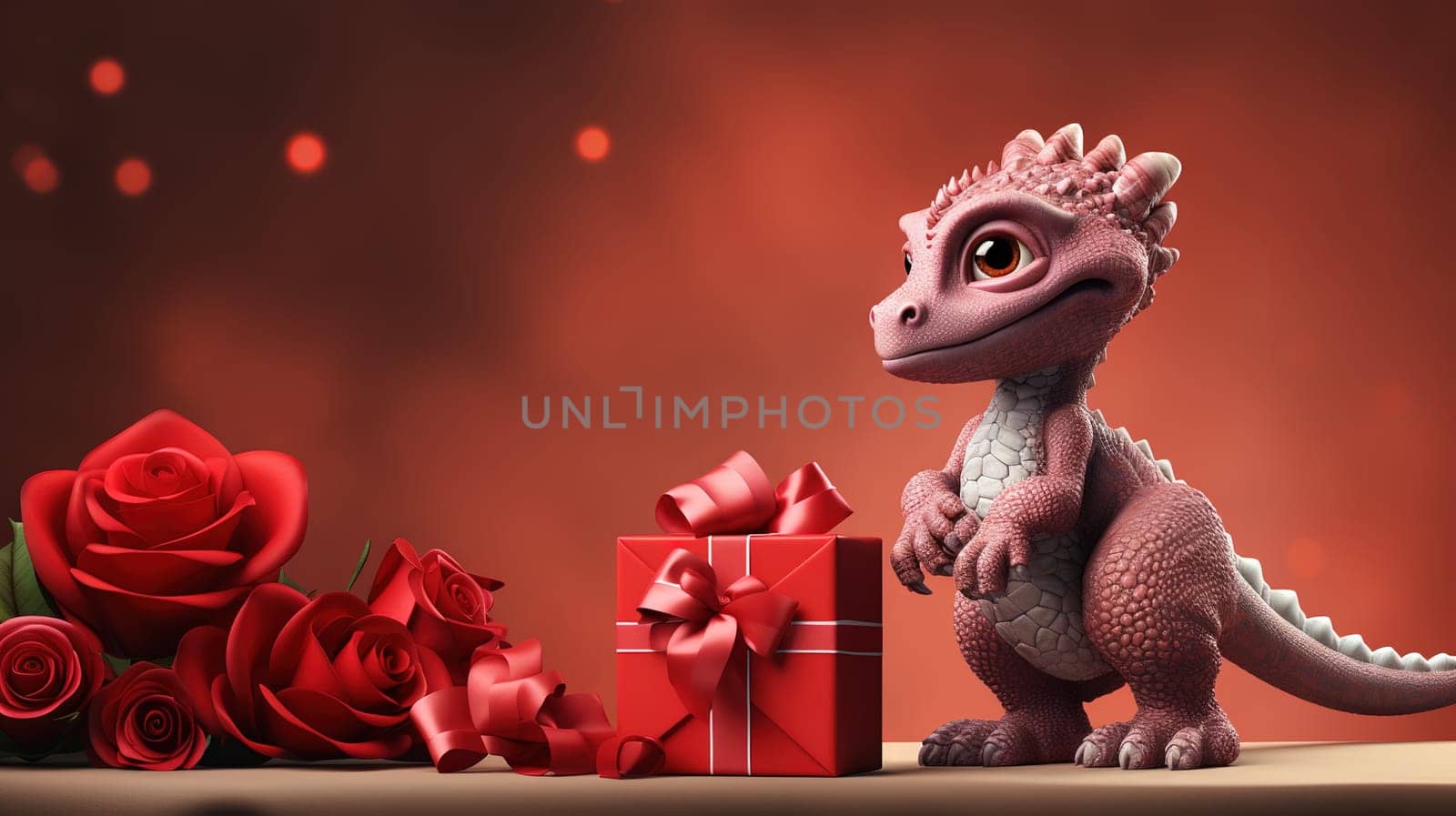 Valentine's Day blank space with cute dragon gift boxes, roses, red heart, background generative ai. by Manastrong