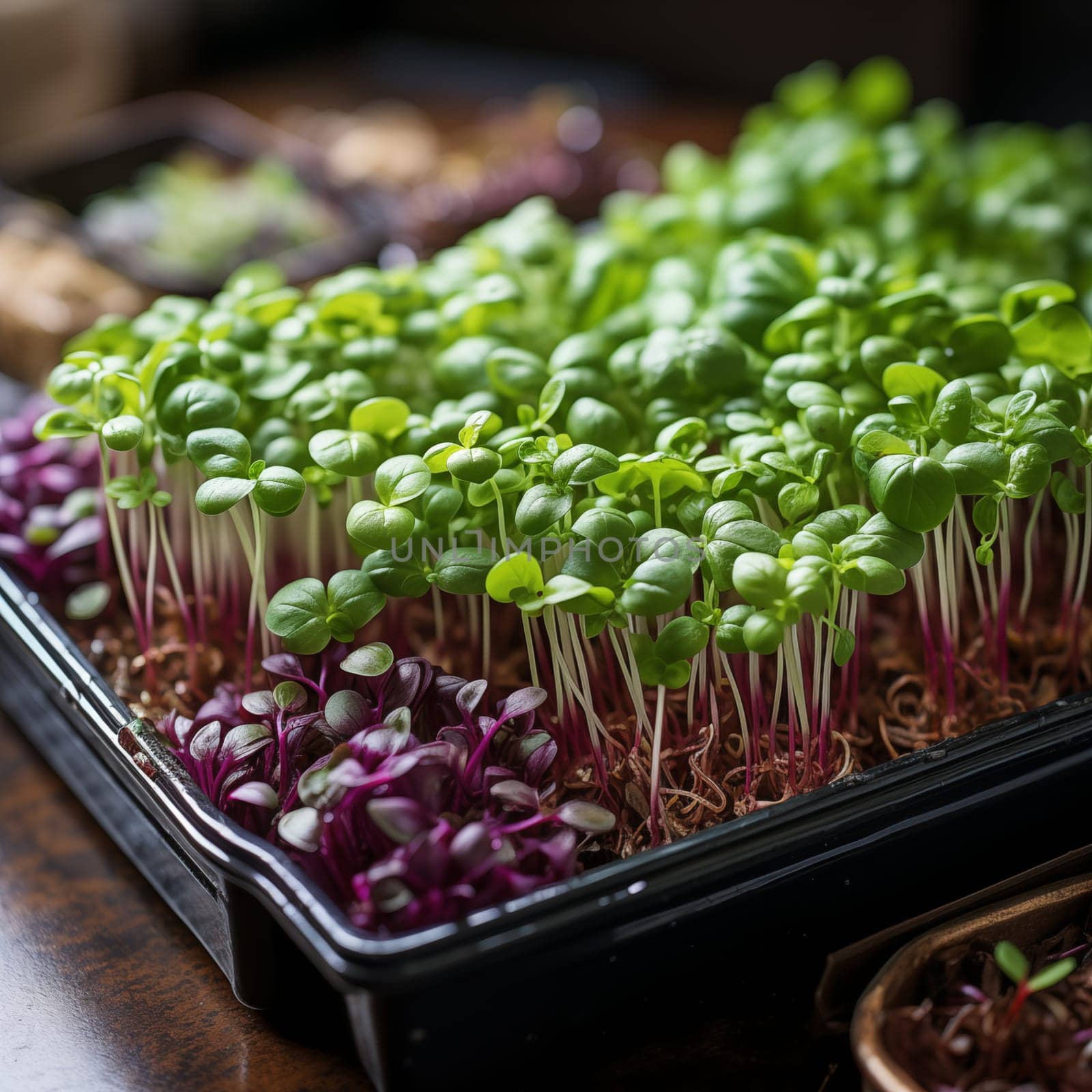 Closeup of microgreens sprouts ready to eat. Growing microgreens at home. Generative AI by AnatoliiFoto
