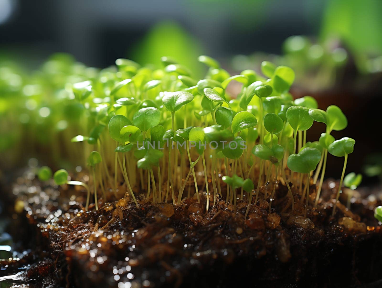 Closeup of microgreens sprouts ready to eat. Growing microgreens at home. Generative AI.