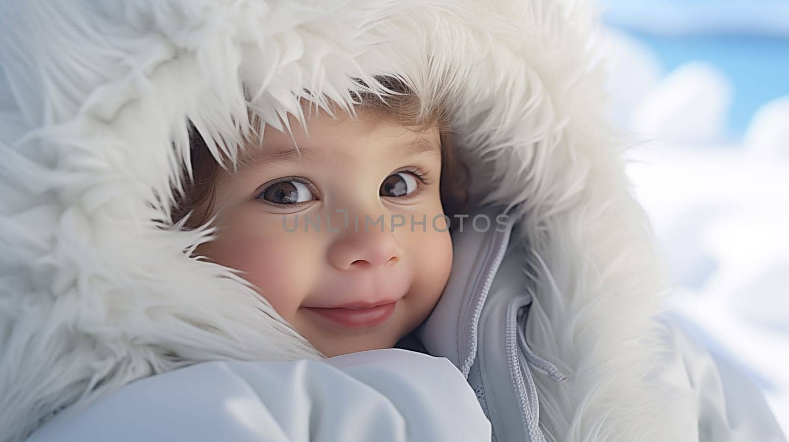 Close up of cute toddler with a windy winter jacket with hood, in winter, outdoors by Zakharova