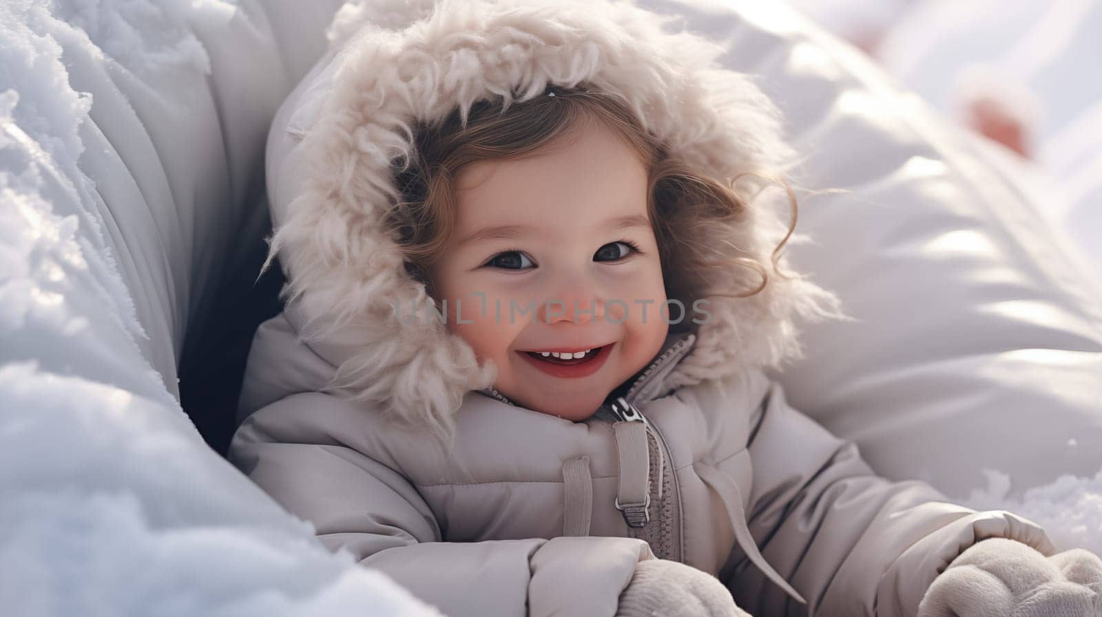Cute happy toddler with a windy winter jacket with hood, sitting in a warm blanket in winter, outdoors.