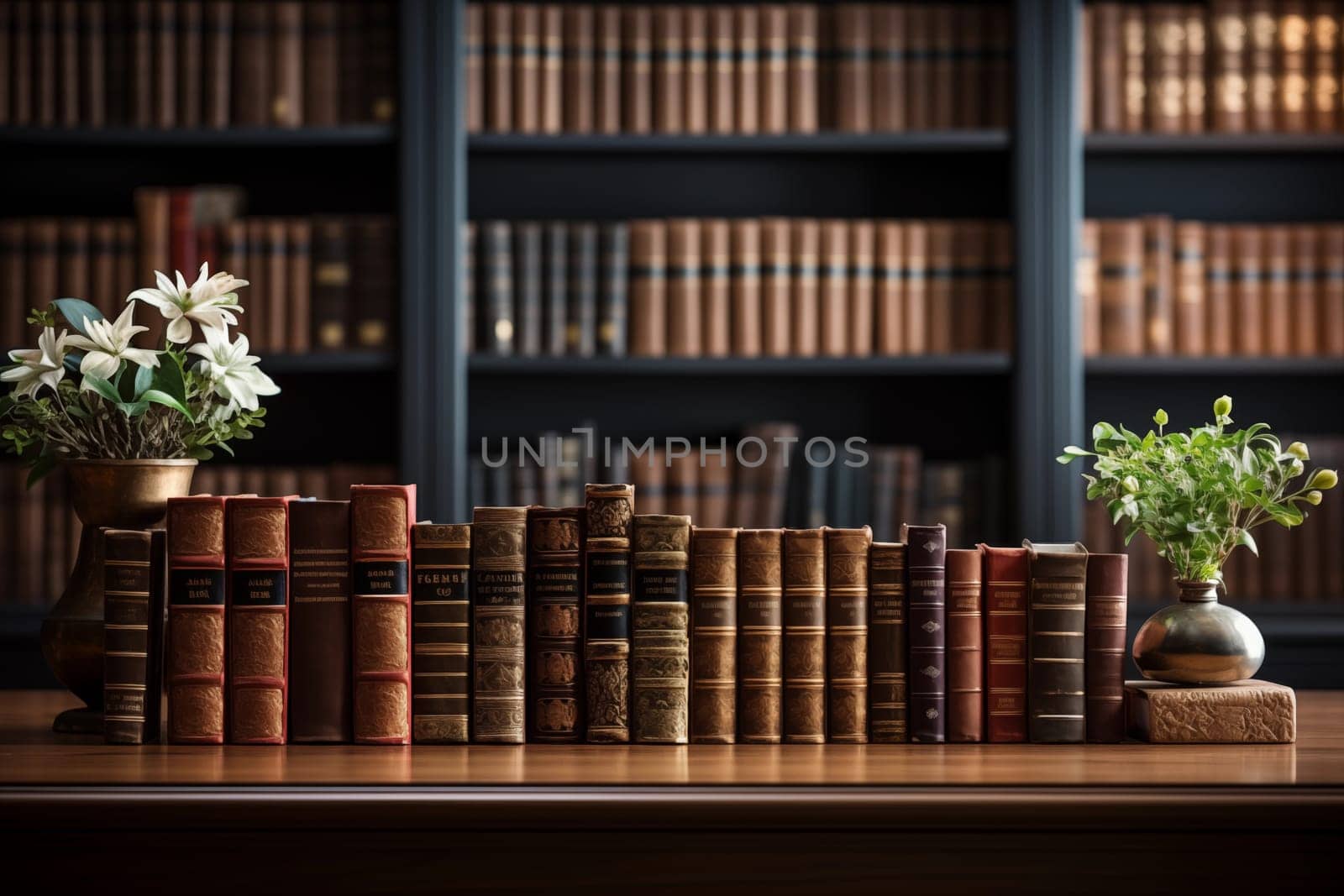 Vintage library with many books on shelves and tables. Beautiful interior, on the tables books and lamps. Background of books. Generative AI. by AnatoliiFoto