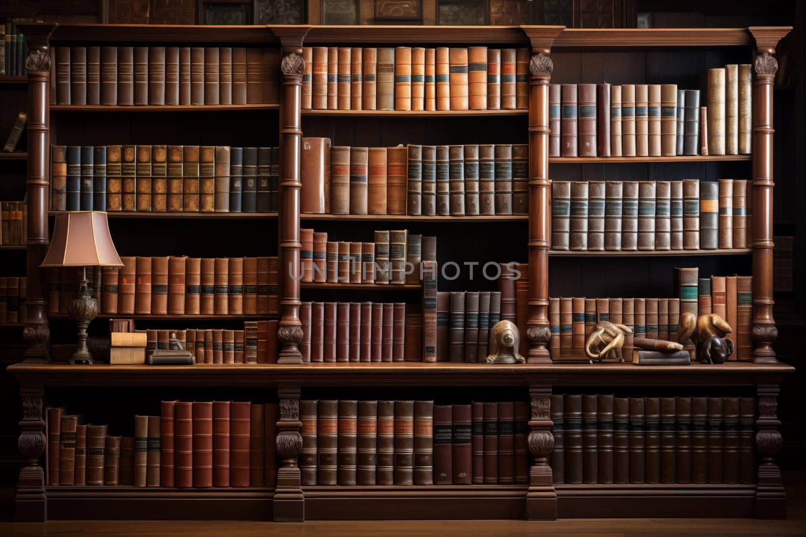 Vintage library with many books on shelves and tables. Beautiful interior, on the tables books and lamps. Background of books. Generative AI. by AnatoliiFoto