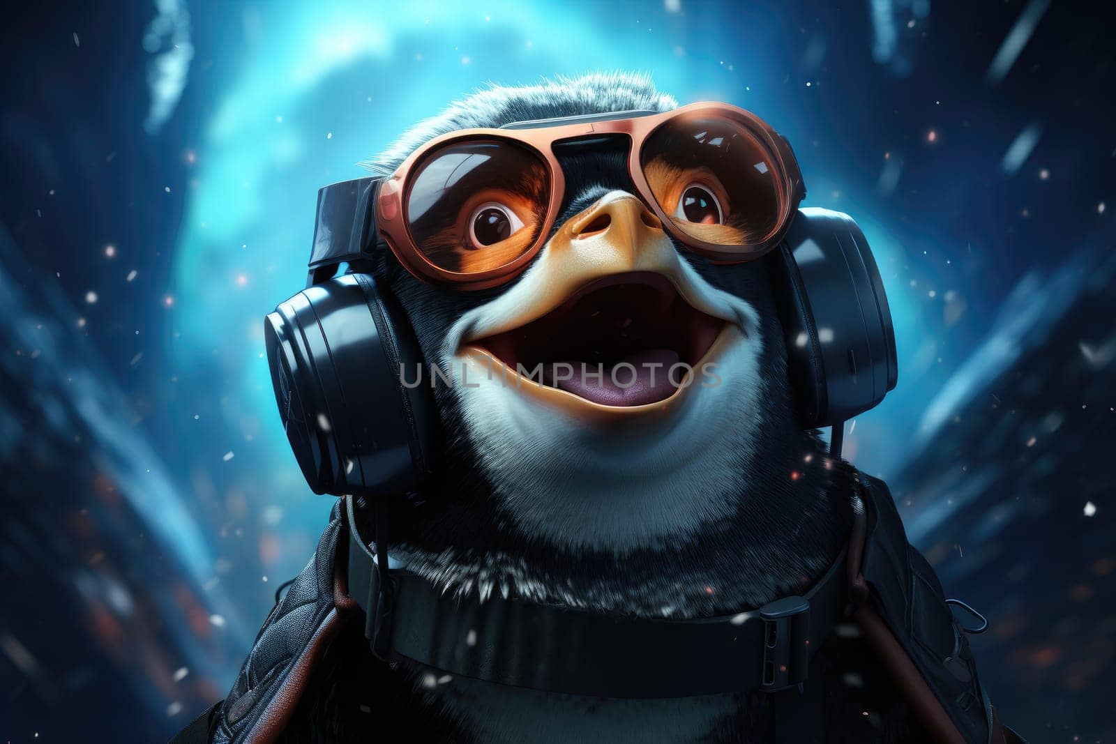 Penguin wearing VR headset, surreal worlds and colorful. background Generative AI by itchaznong