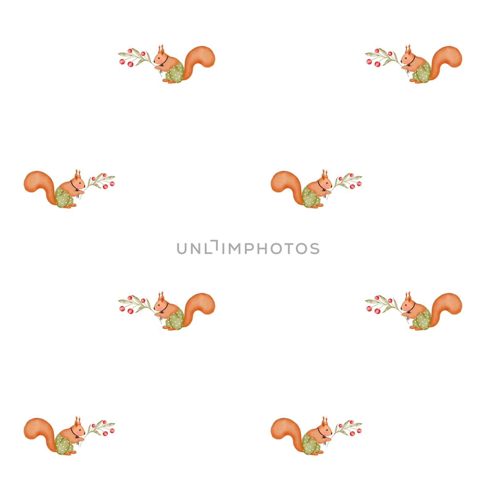 Seamless watercolor pattern of cute red squirrel in pants with a branch of berries. Pretty animal for printing on children's textiles, pajamas and bed linen.