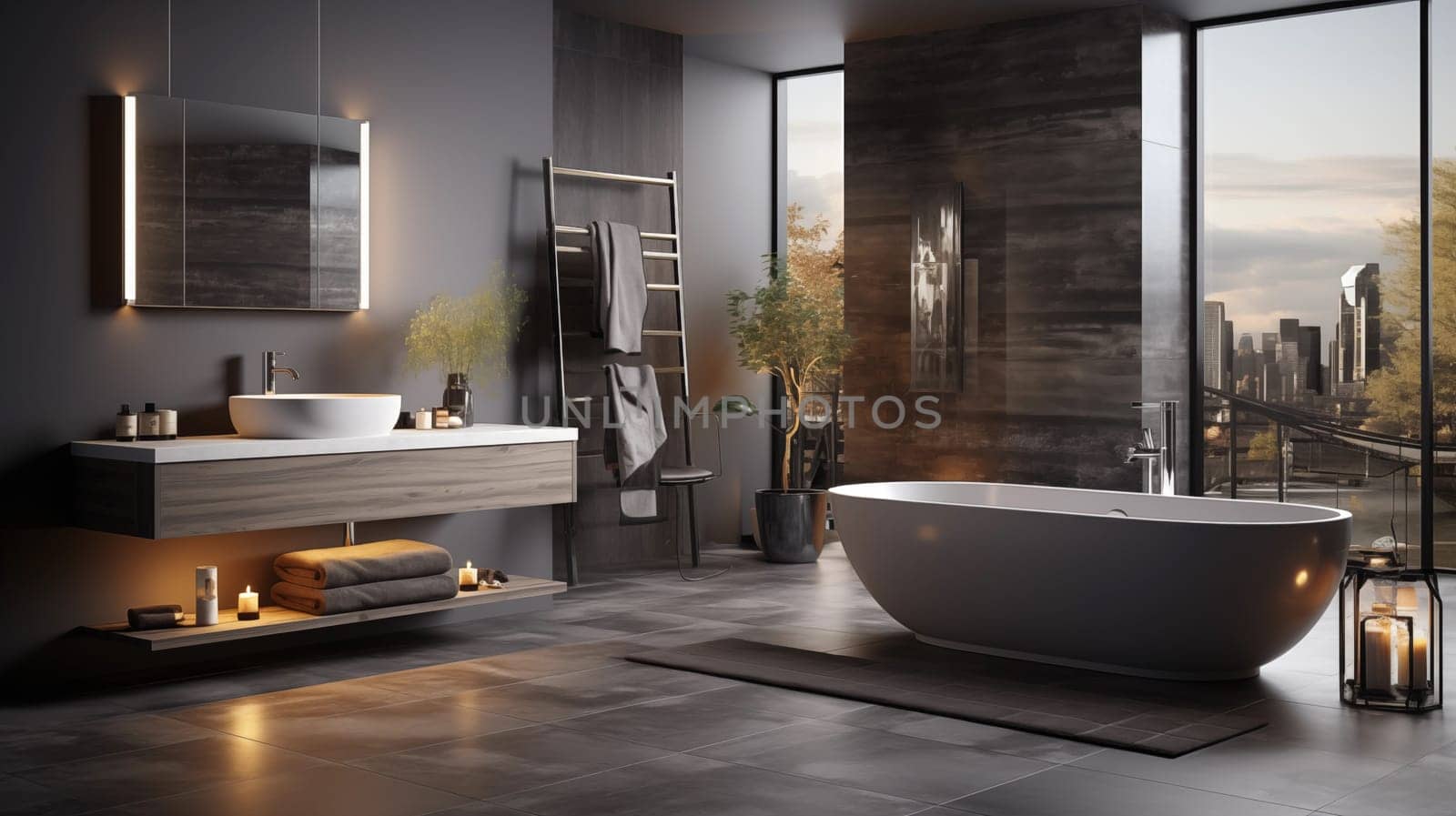 Modern bathroom interior with bathtub, windows, sink and other furniture. Generative AI