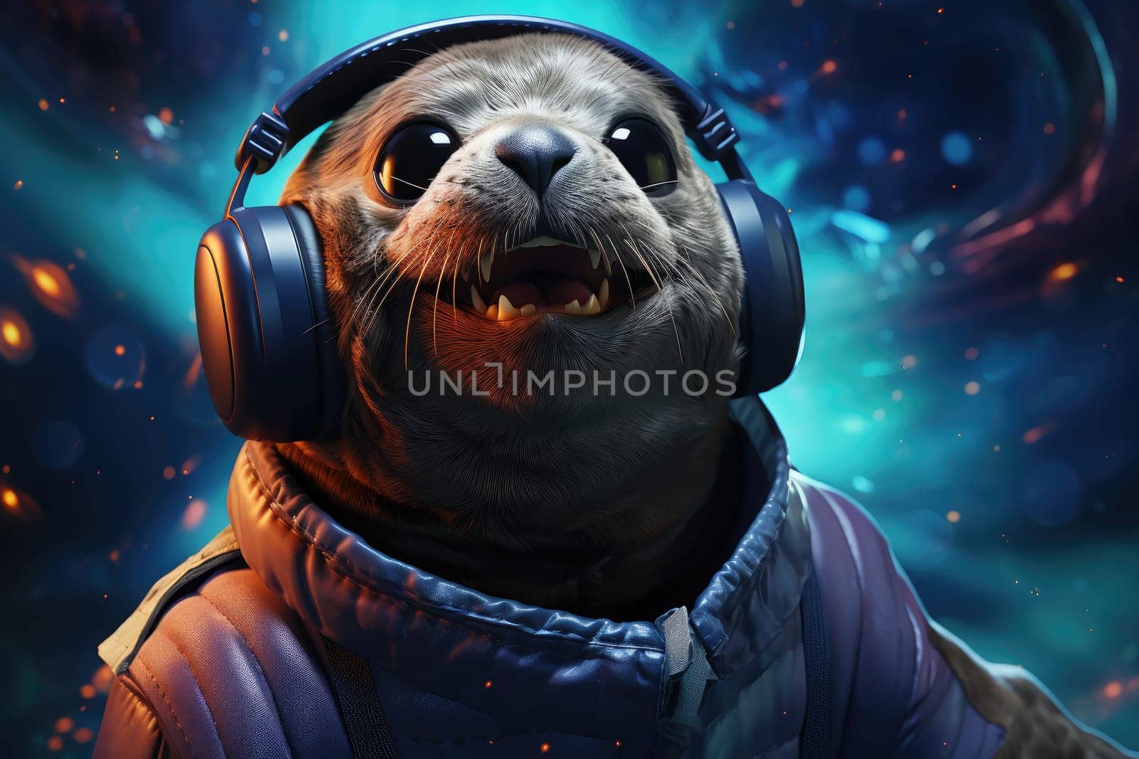 Seal wearing VR headset, surreal worlds and colorful. background Generative AI by itchaznong