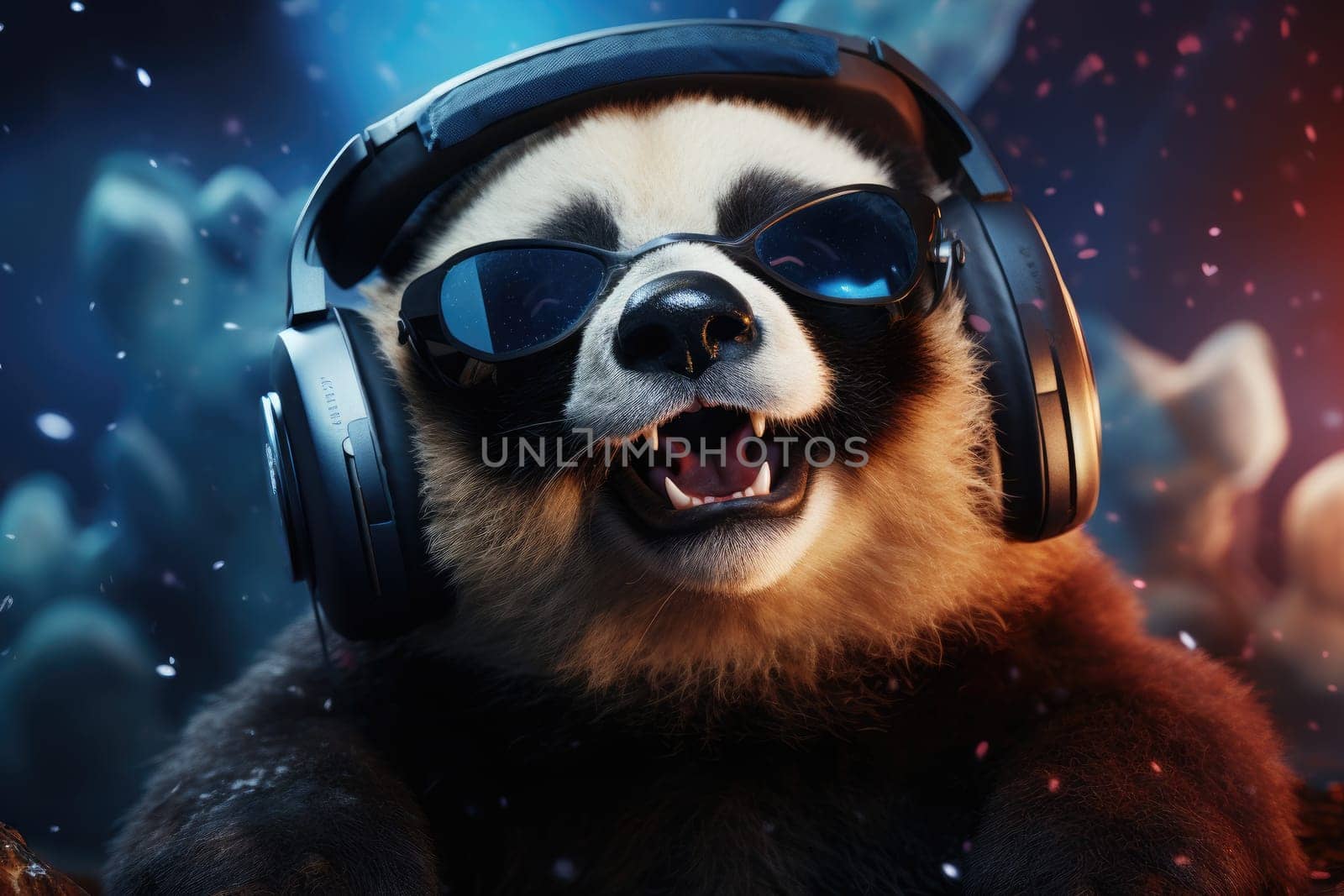 Panda wearing VR headset, surreal worlds and colorful. background Generative AI.