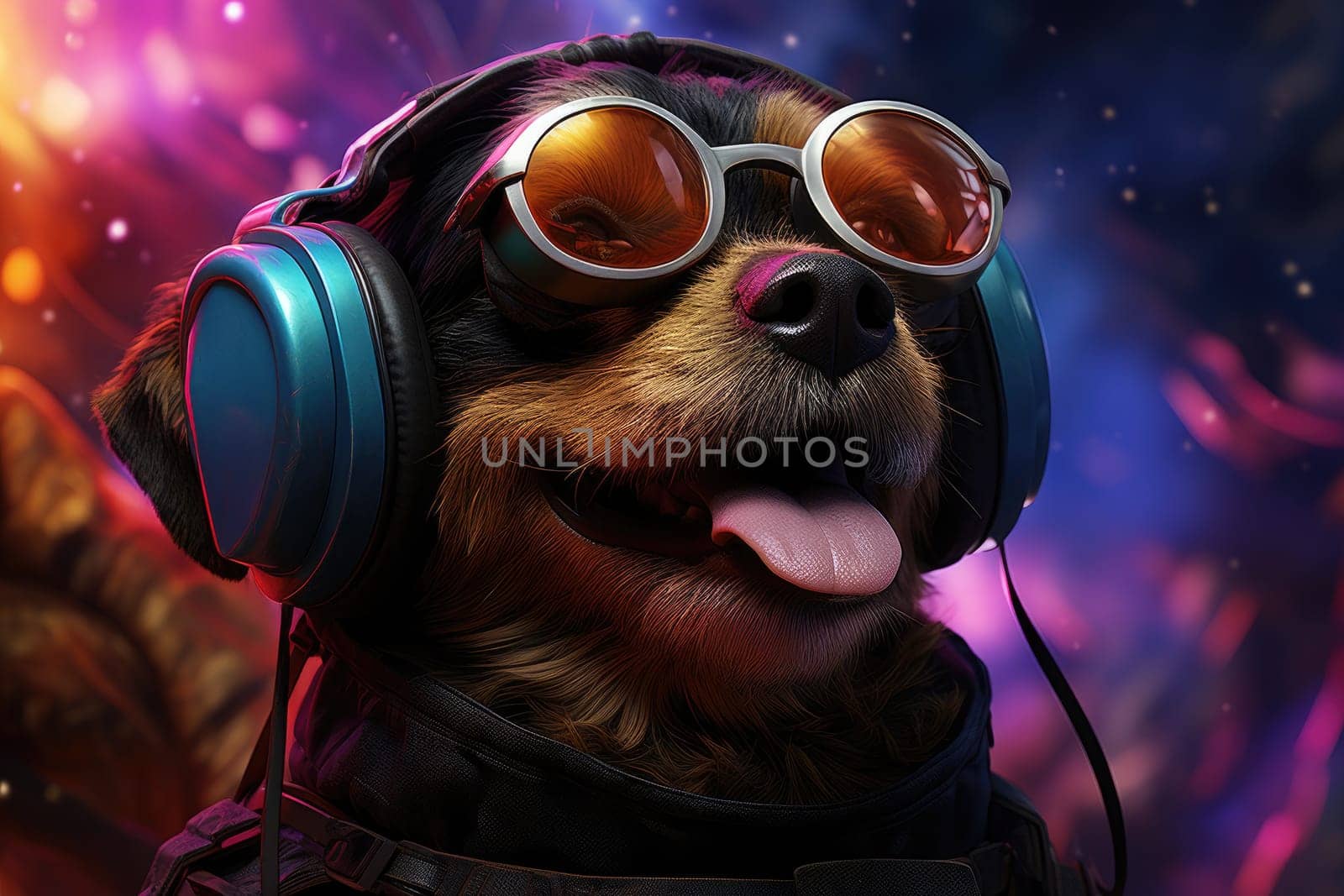 Dog wearing VR headset, surreal worlds and colorful. background Generative AI.