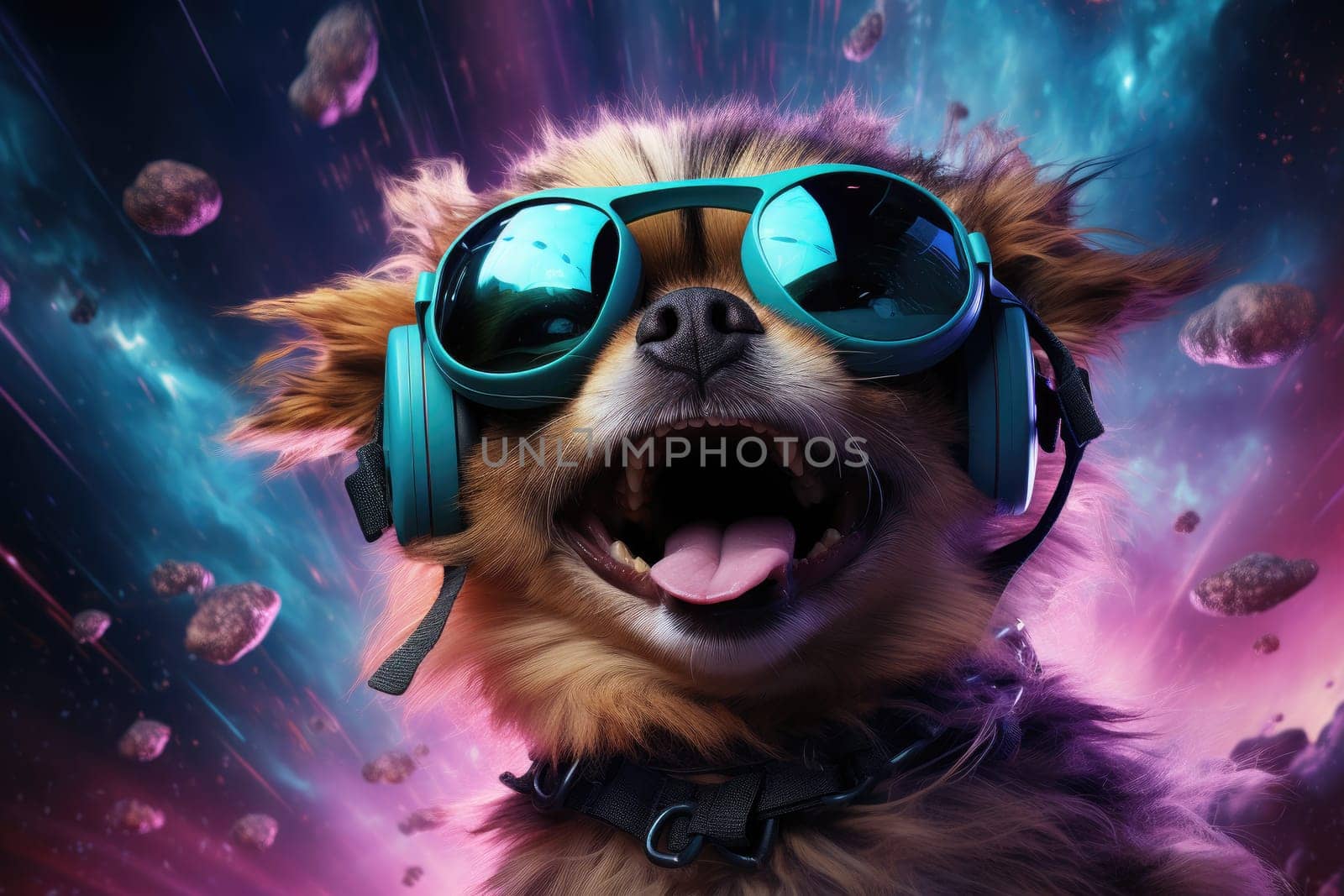 Dog wearing VR headset, surreal worlds and colorful. background Generative AI by itchaznong