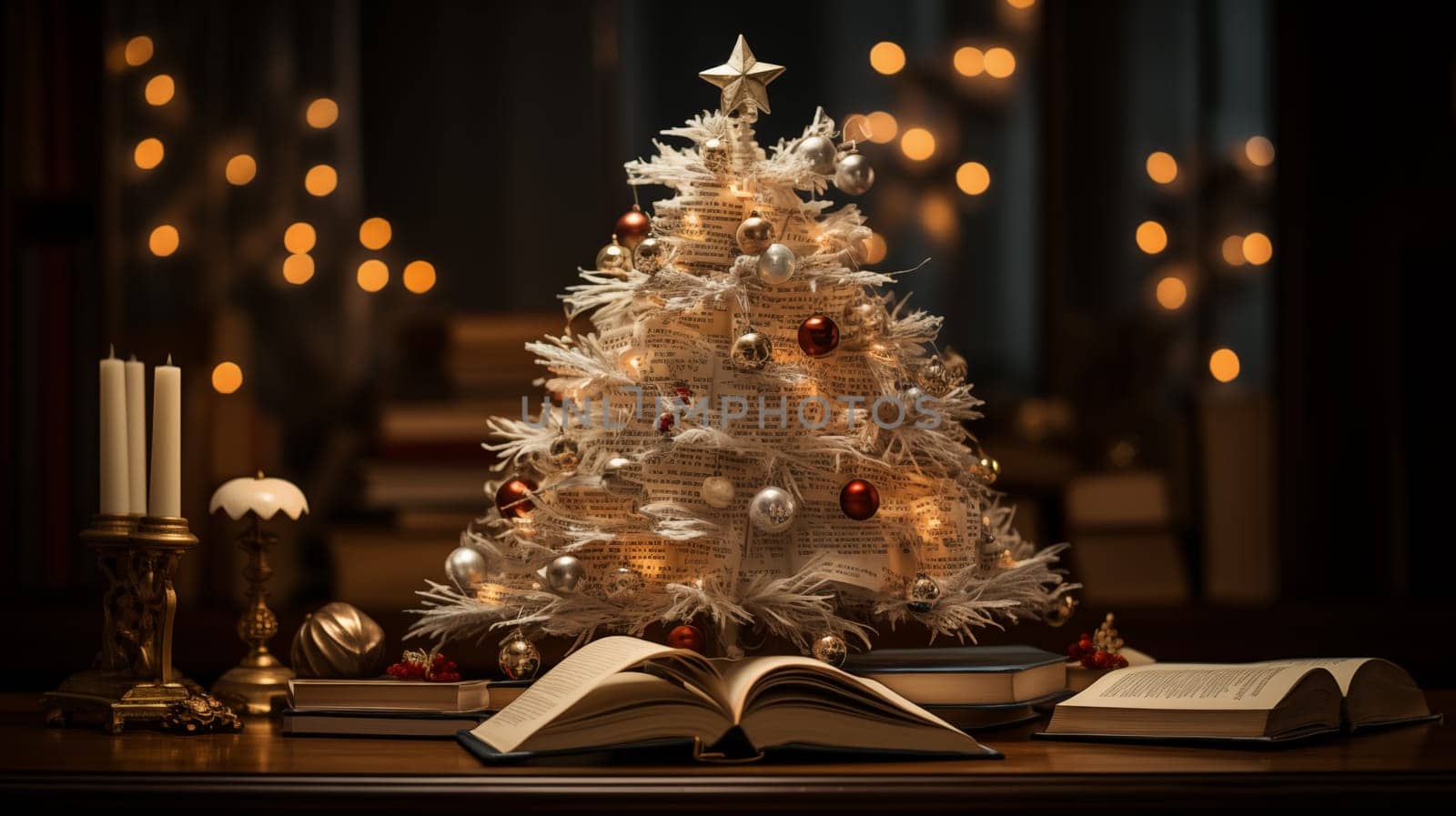 A creative cute little Christmas tree made of book leaves stands on a vintage wooden table in the living room, next to open books and candles in candlesticks