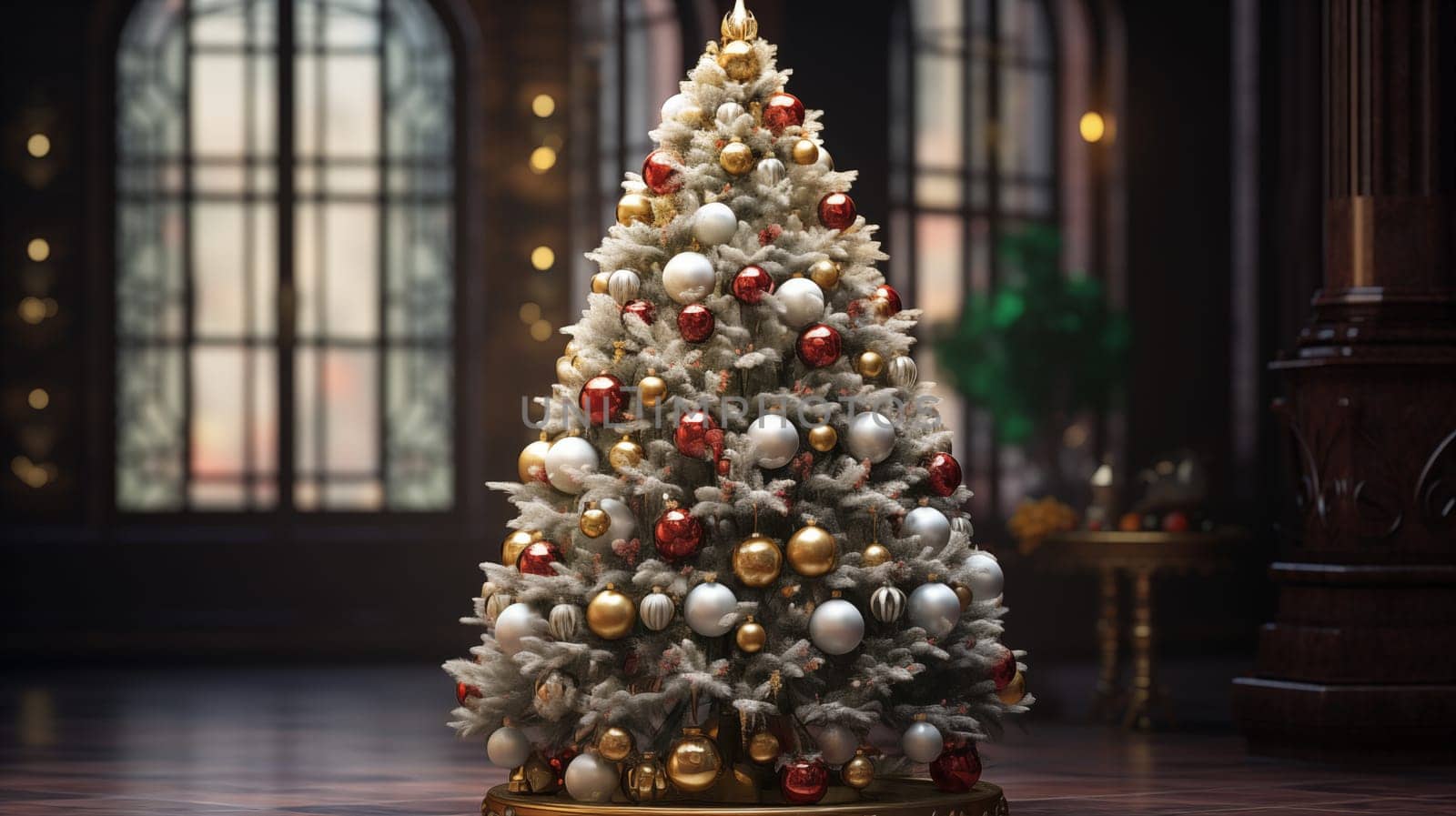 A beautiful silver Christmas tree stands in a large antique living room with large windows.
