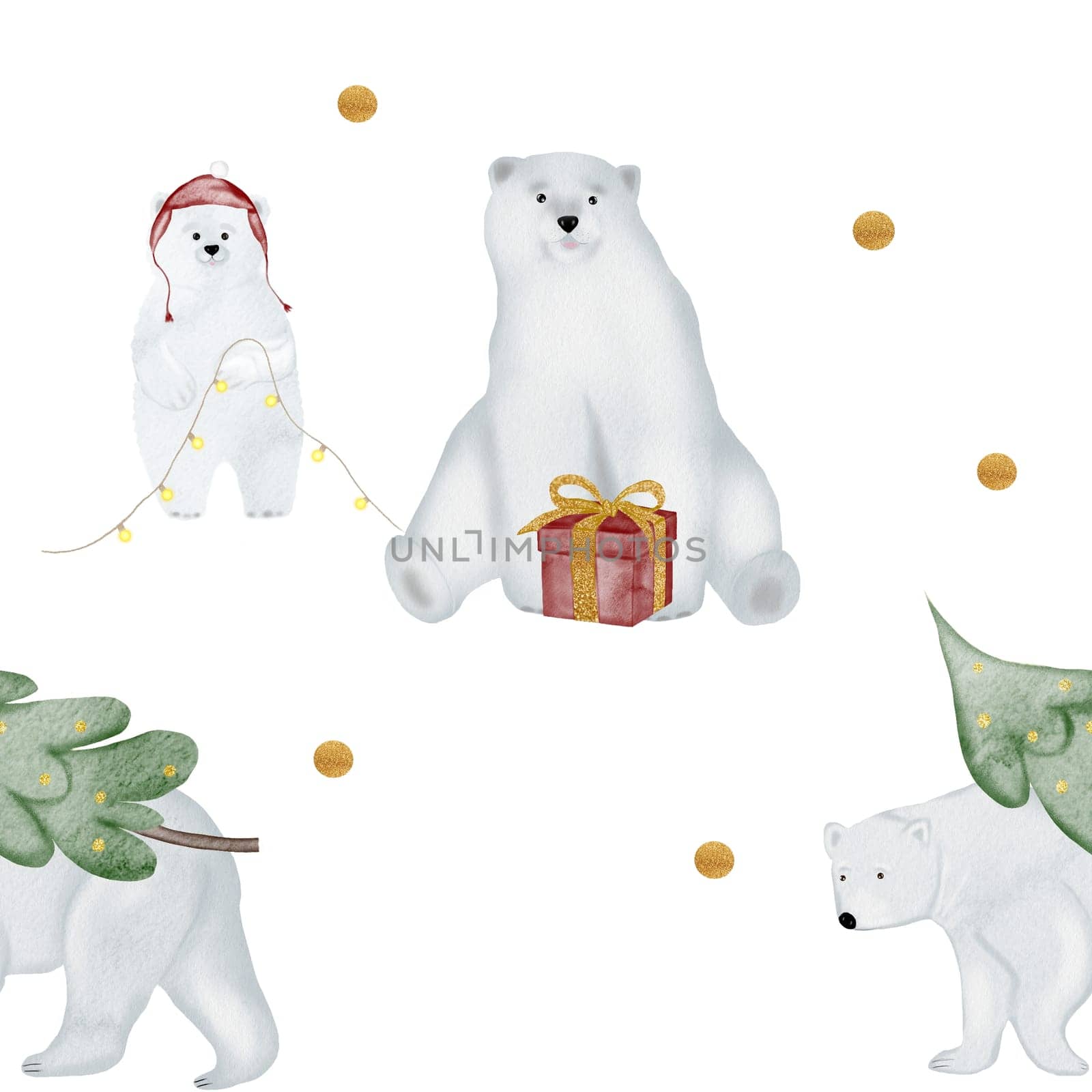 watercolor seamless pattern cute family of white polar bears. Festive Christmas New Year pattern with gifts and a tree for printing on children's textiles, pajamas and bed linen by TatyanaTrushcheleva