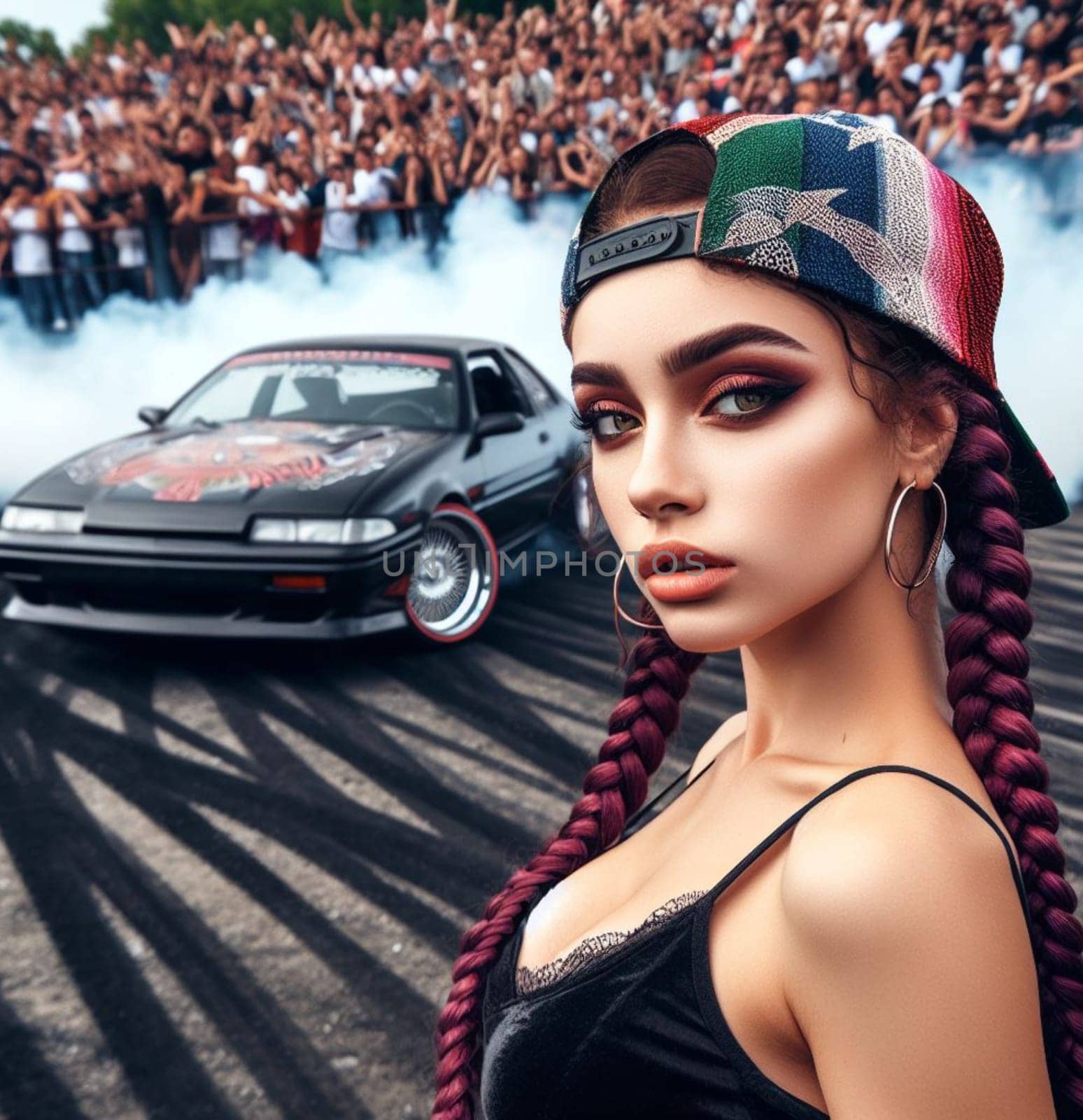 hispanic girl at lowriders suburban carlifornian cultured tuned car smoking rubber from wheels drifting in street race party parade generated ai, AI generated