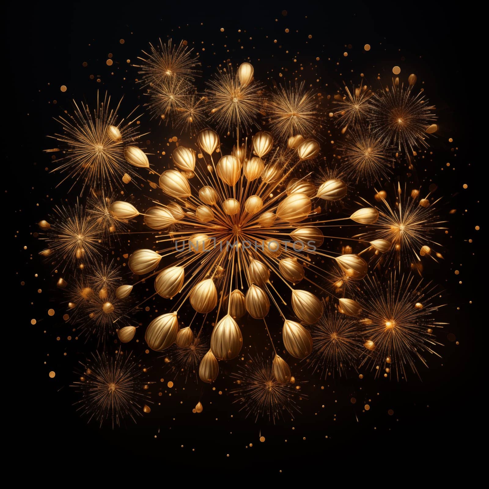 Beautiful golden fireworks on black background isolated by Zakharova