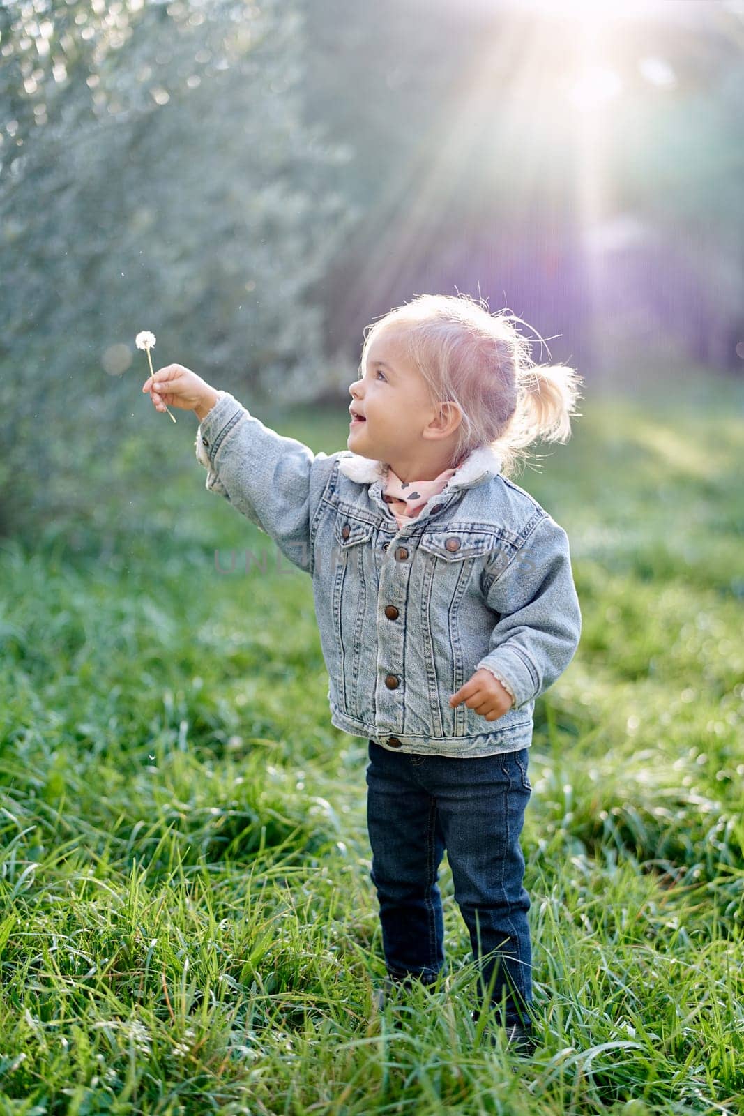 Little smiling girl stands in a sunny park and holds out a dandelion to the side. High quality photo