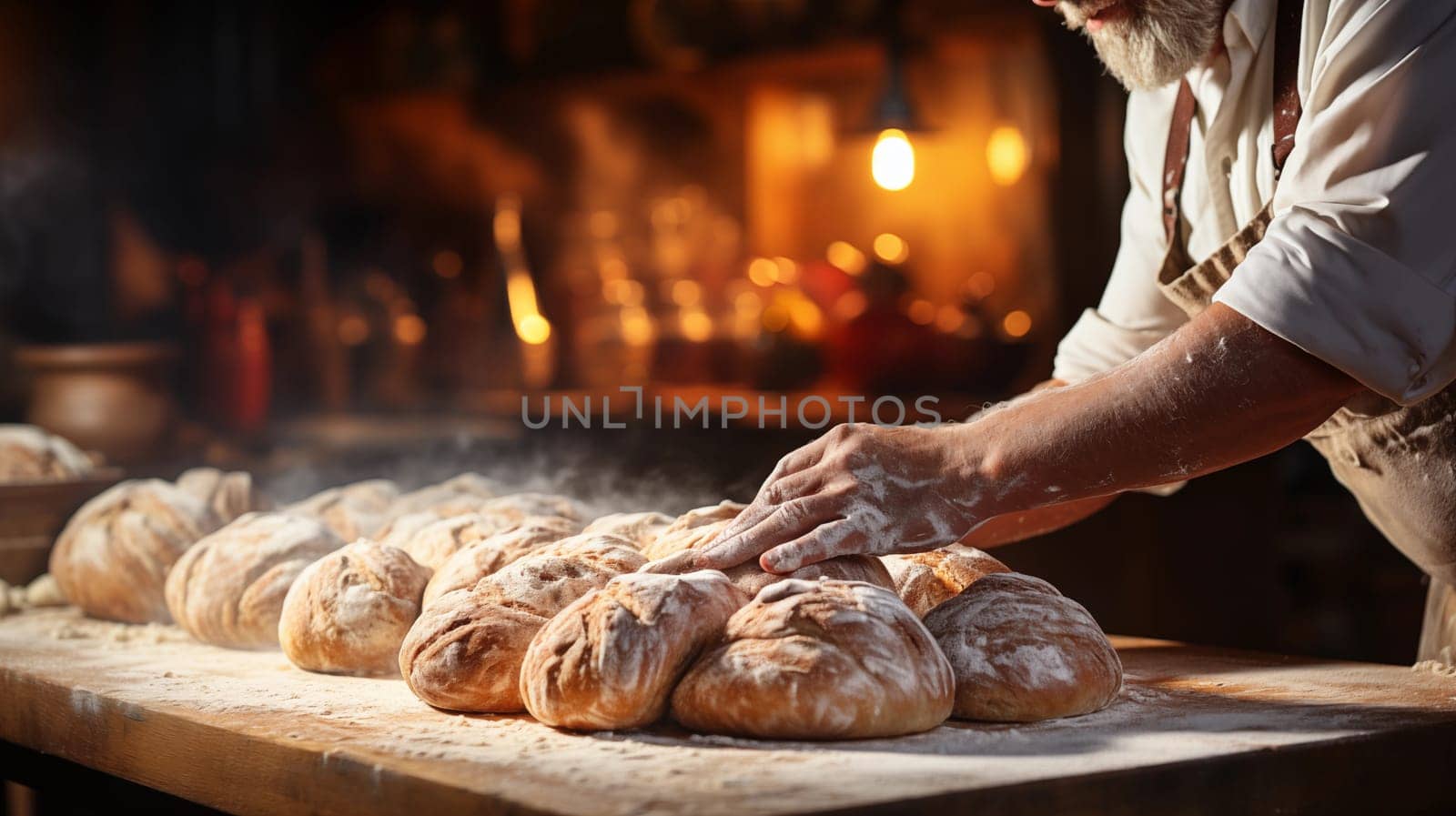 Close-up of a male bakery chef kneading dough to make delicious bread. Making delicious and fresh bread. Generative AI.