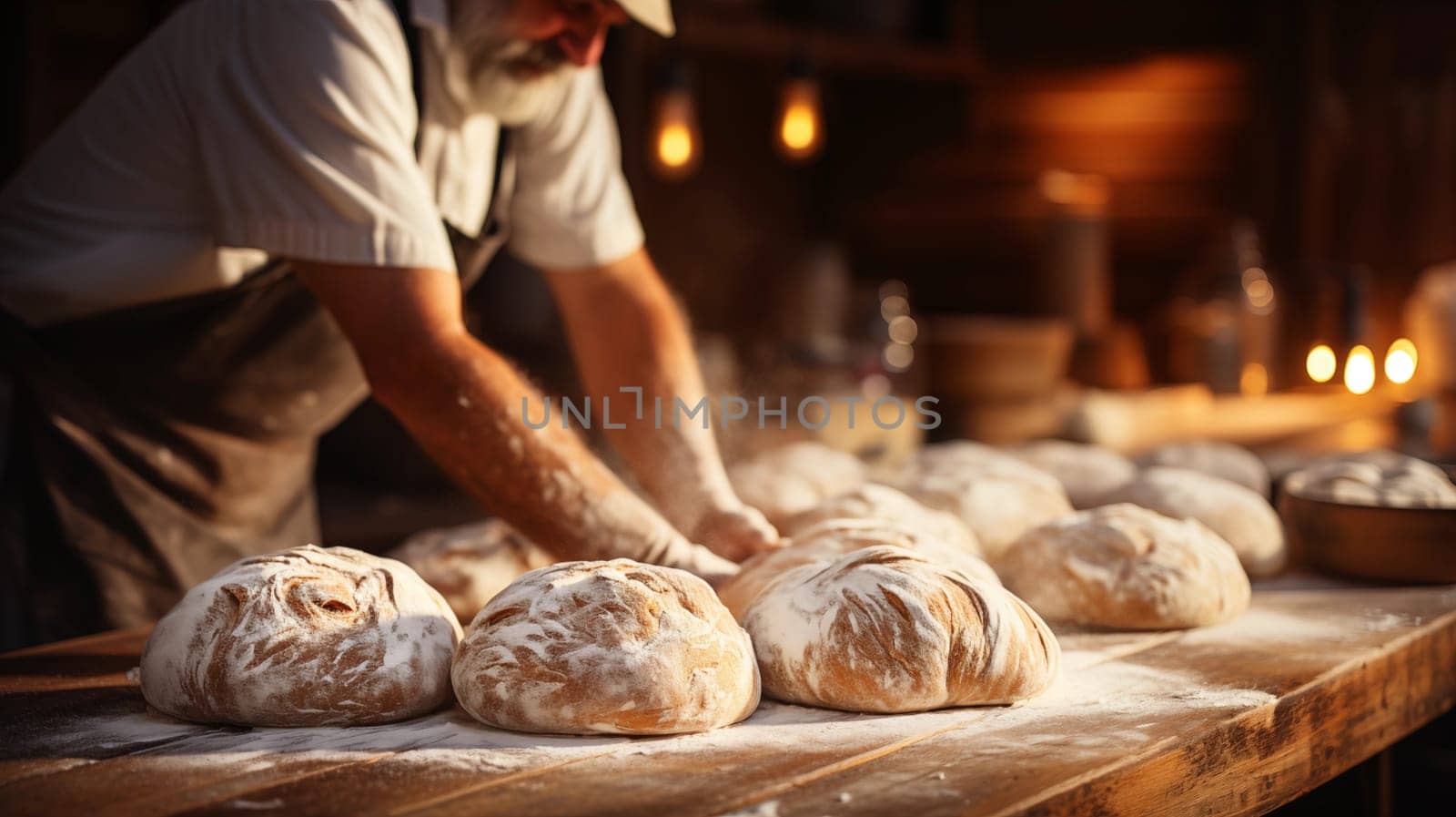 Close-up of a male bakery chef kneading dough to make delicious bread. Making delicious and fresh bread. Generative AI.