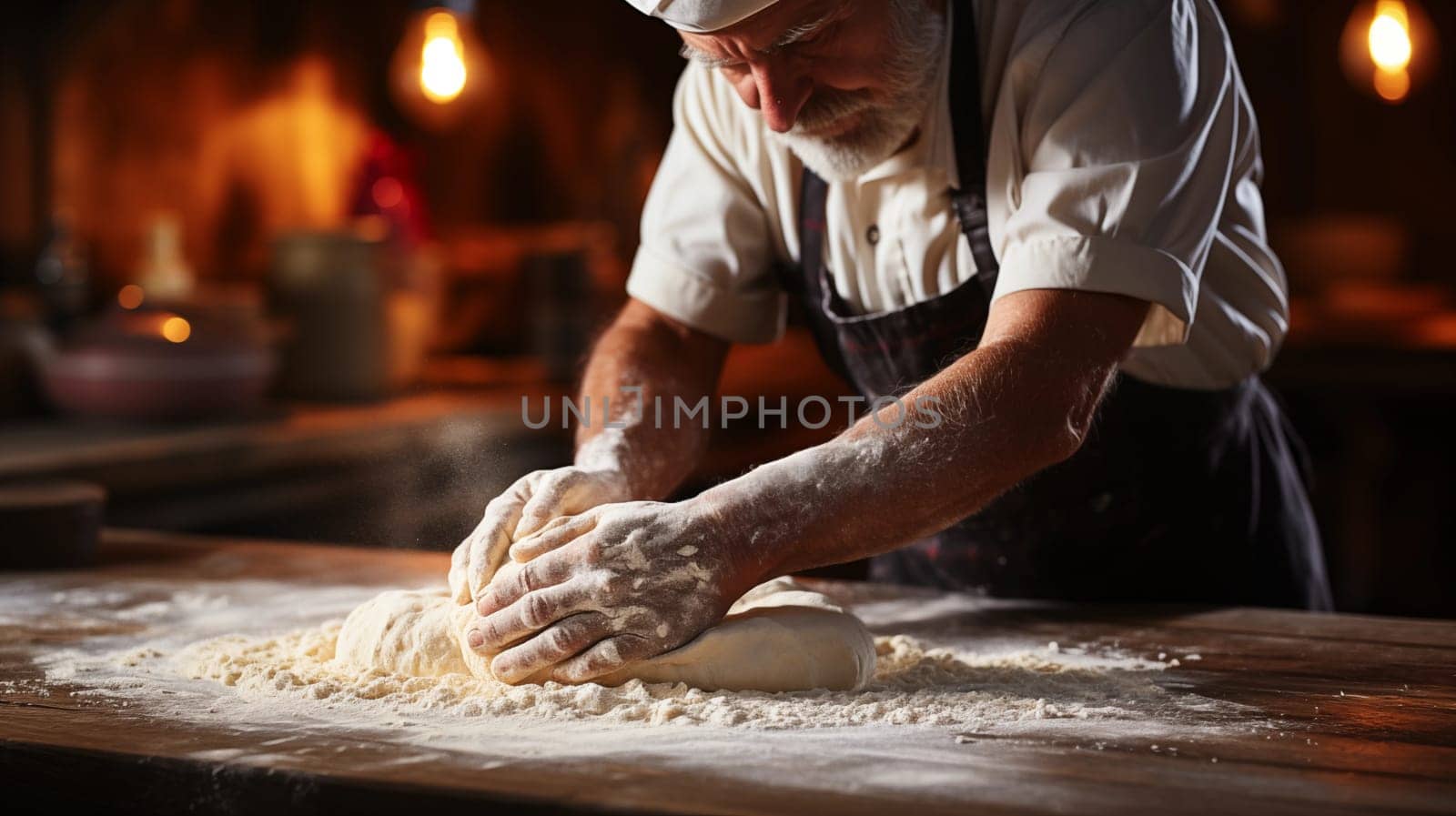 Close-up of a male bakery chef kneading dough to make delicious bread. Making delicious and fresh bread. Generative AI.