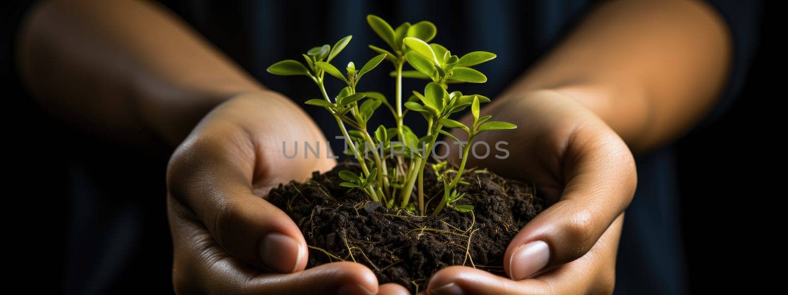 Closeup hands holding young plant, earth day and save environment concept. Generative AI.